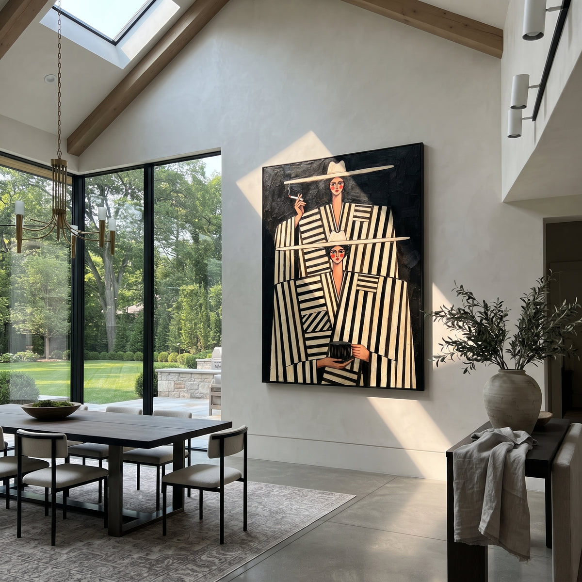 Black and White Salon - striped fashion duo painting shown in modern room setting 4