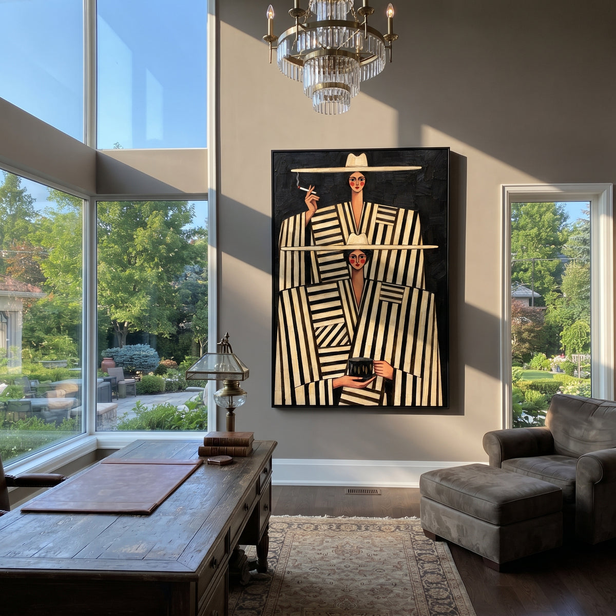 Black and White Salon - striped fashion duo painting shown in modern room setting 5