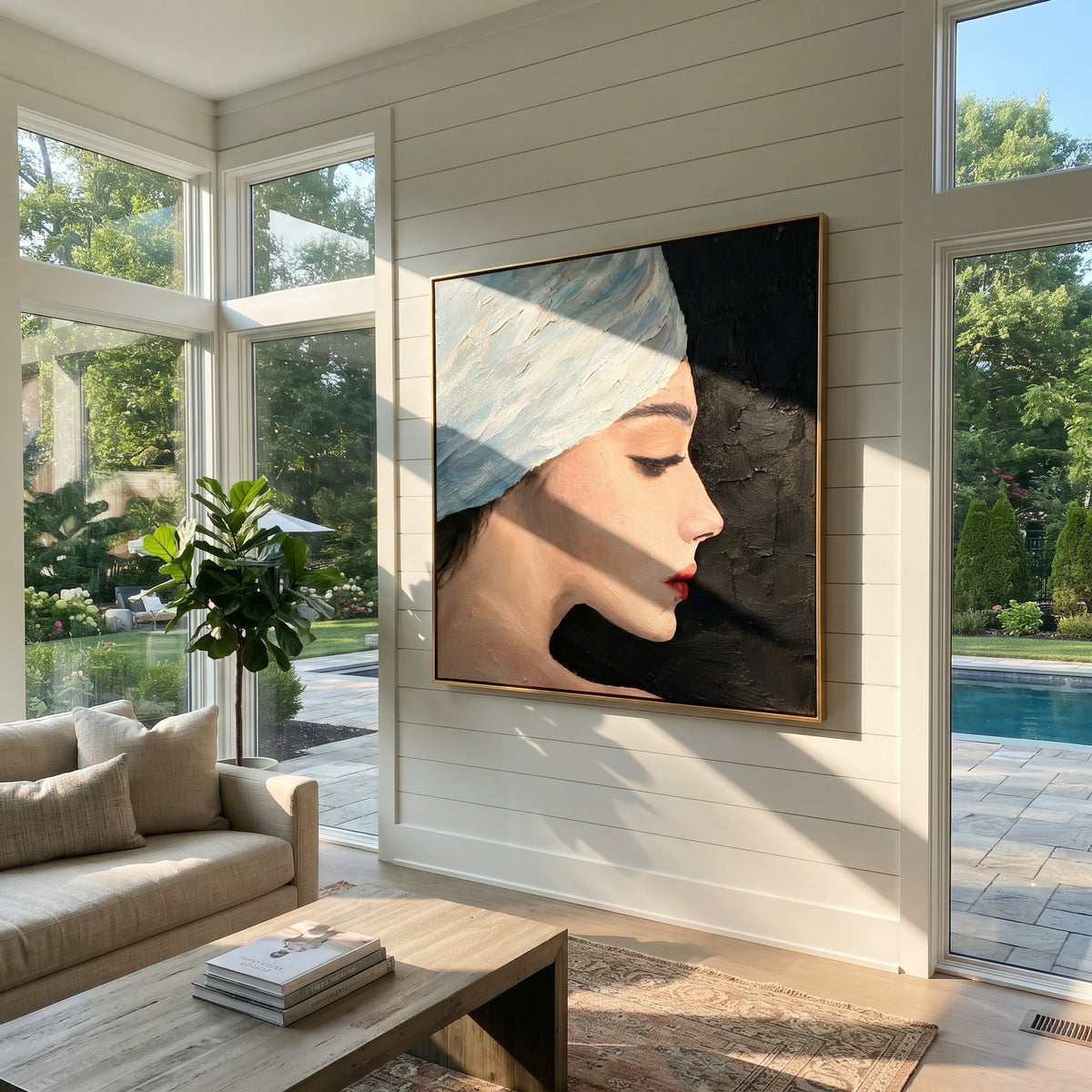 Blue Turban Against Night - blue turban profile painting shown in modern room setting 2