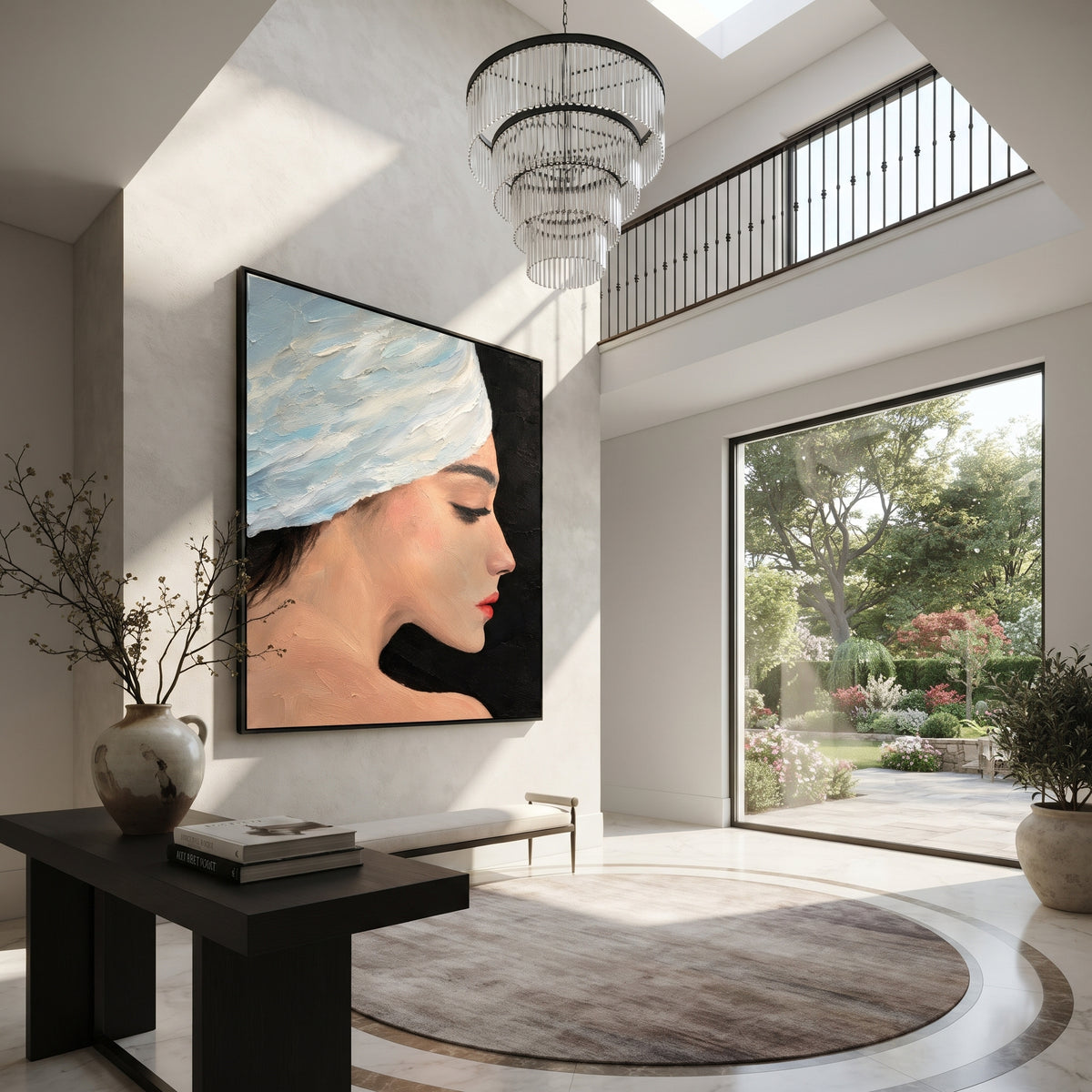 Blue Turban Against Night - blue turban profile painting shown in modern room setting 3