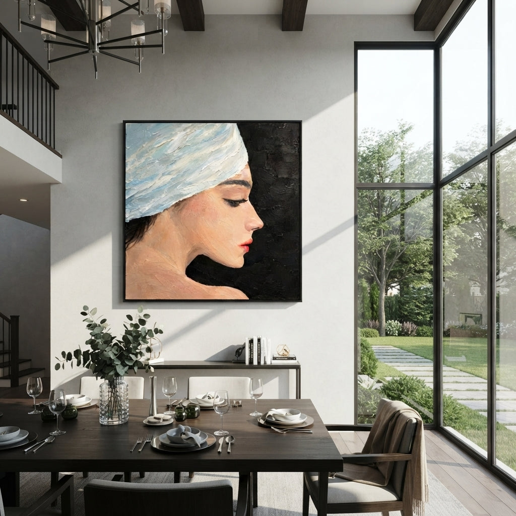 Blue Turban Against Night - blue turban profile painting shown in modern room setting 4