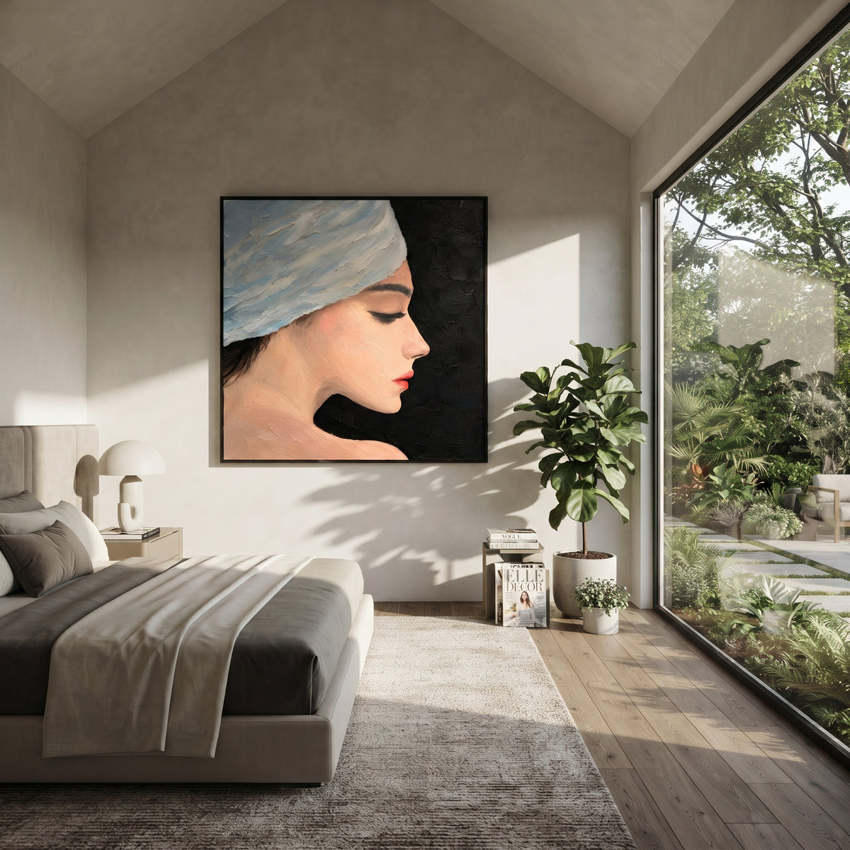 Blue Turban Against Night - blue turban profile painting shown in modern room setting 5