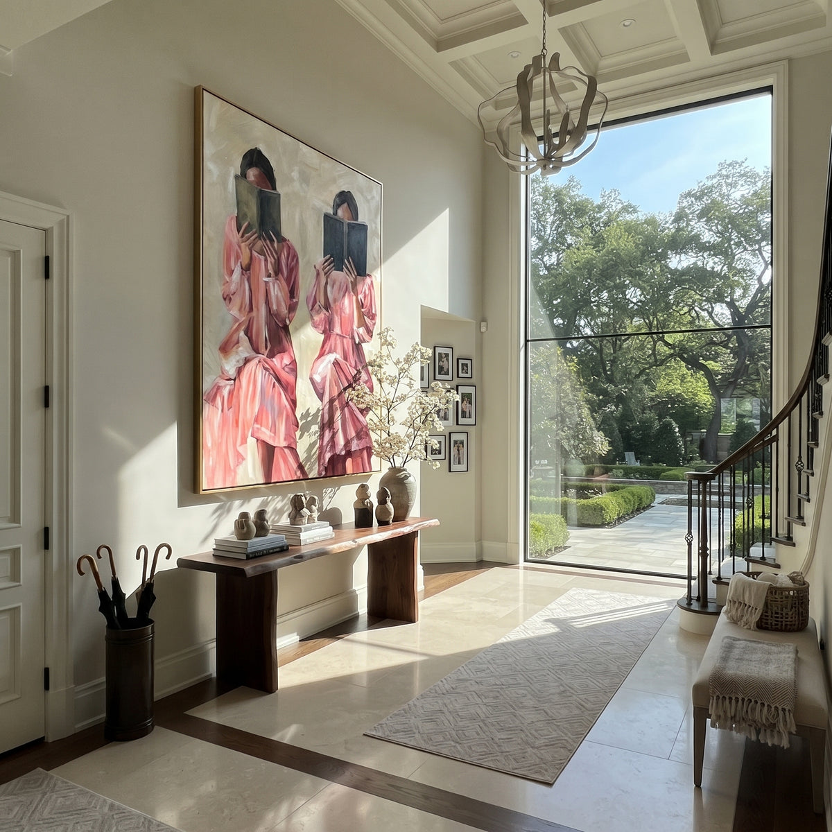 Twin Readers in Rose - two women reading painting displayed in a styled interior