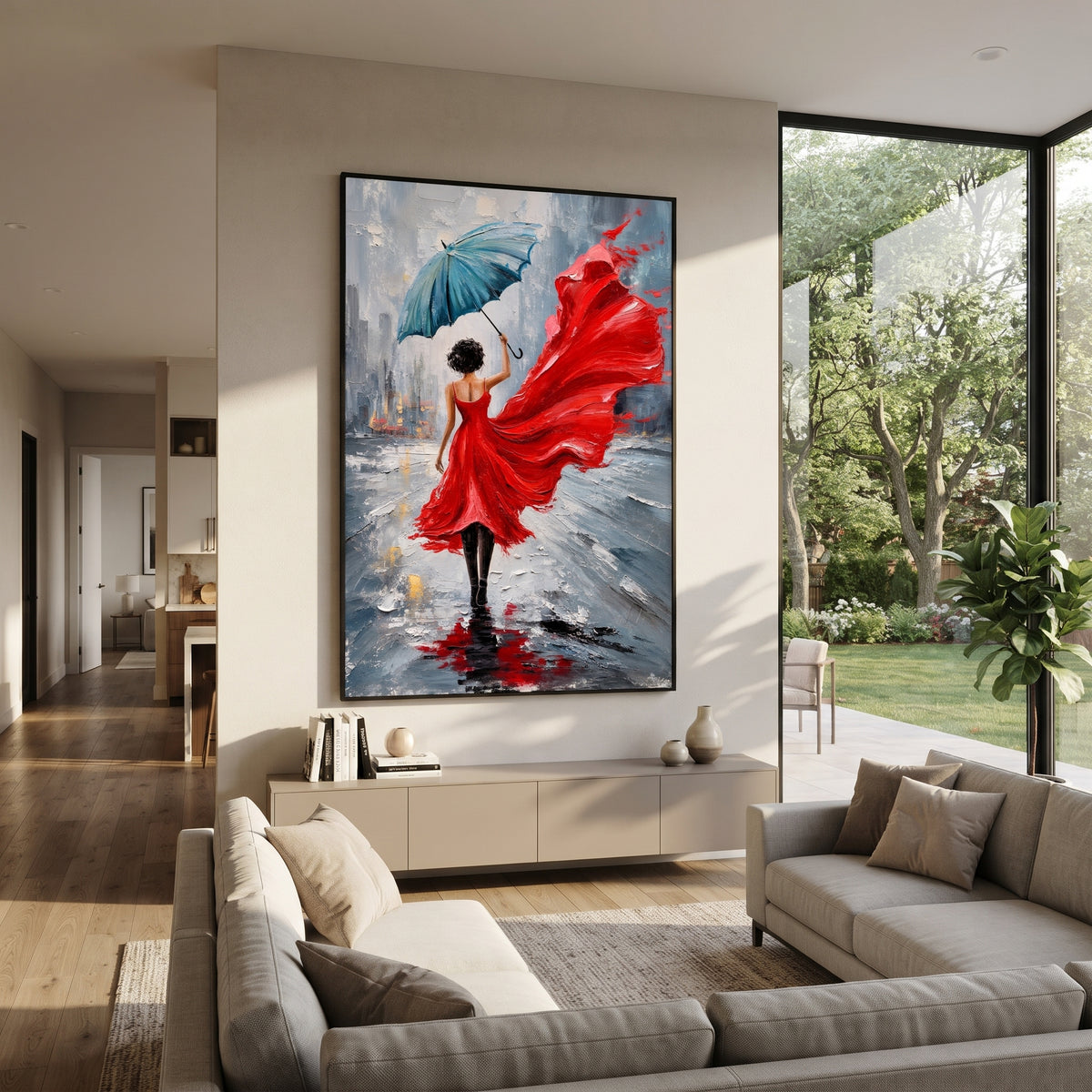 Red Dress in the Rain - red dress umbrella painting displayed in a styled interior