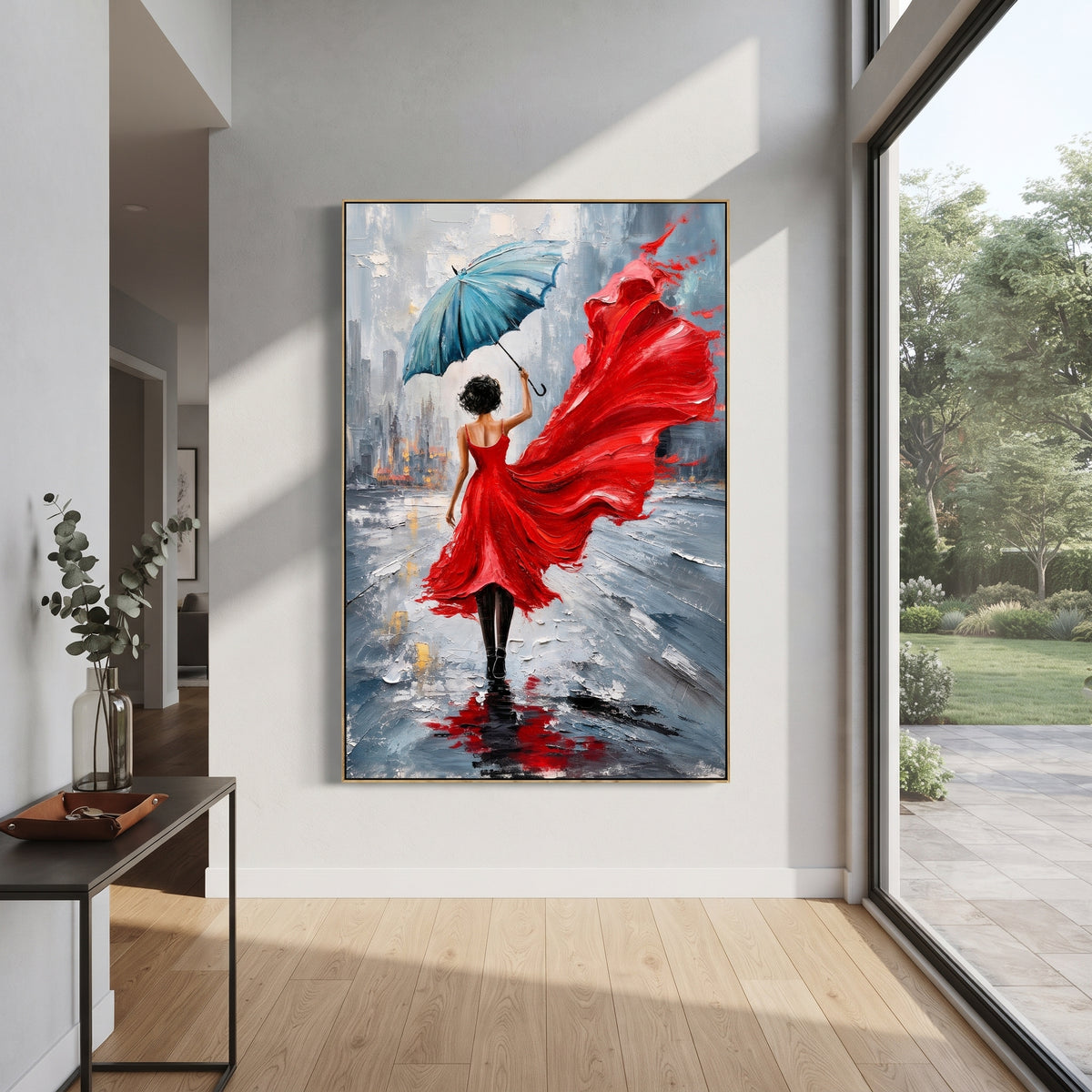 Red Dress in the Rain - red dress umbrella painting shown in modern room setting 3
