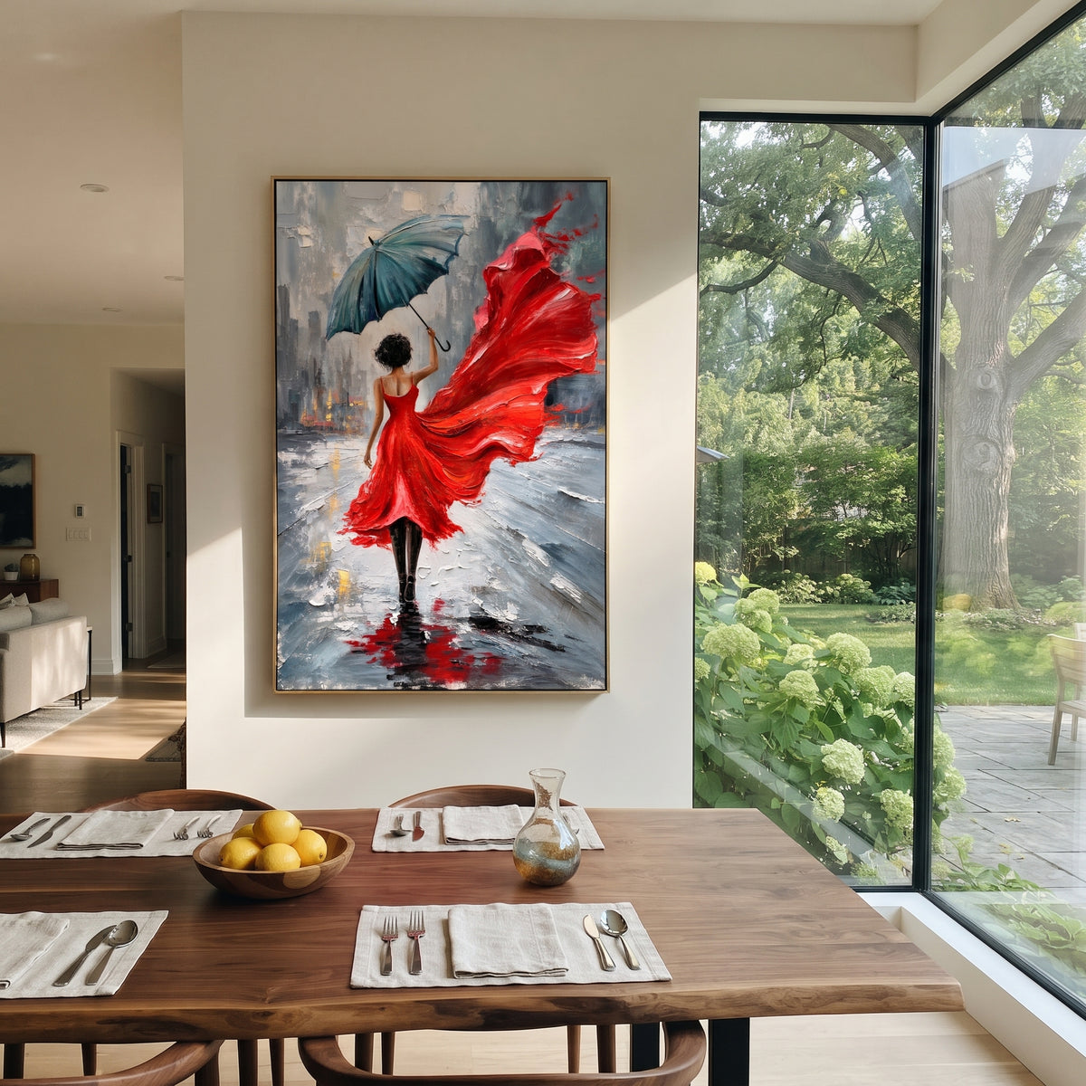 Red Dress in the Rain - red dress umbrella painting shown in modern room setting 5