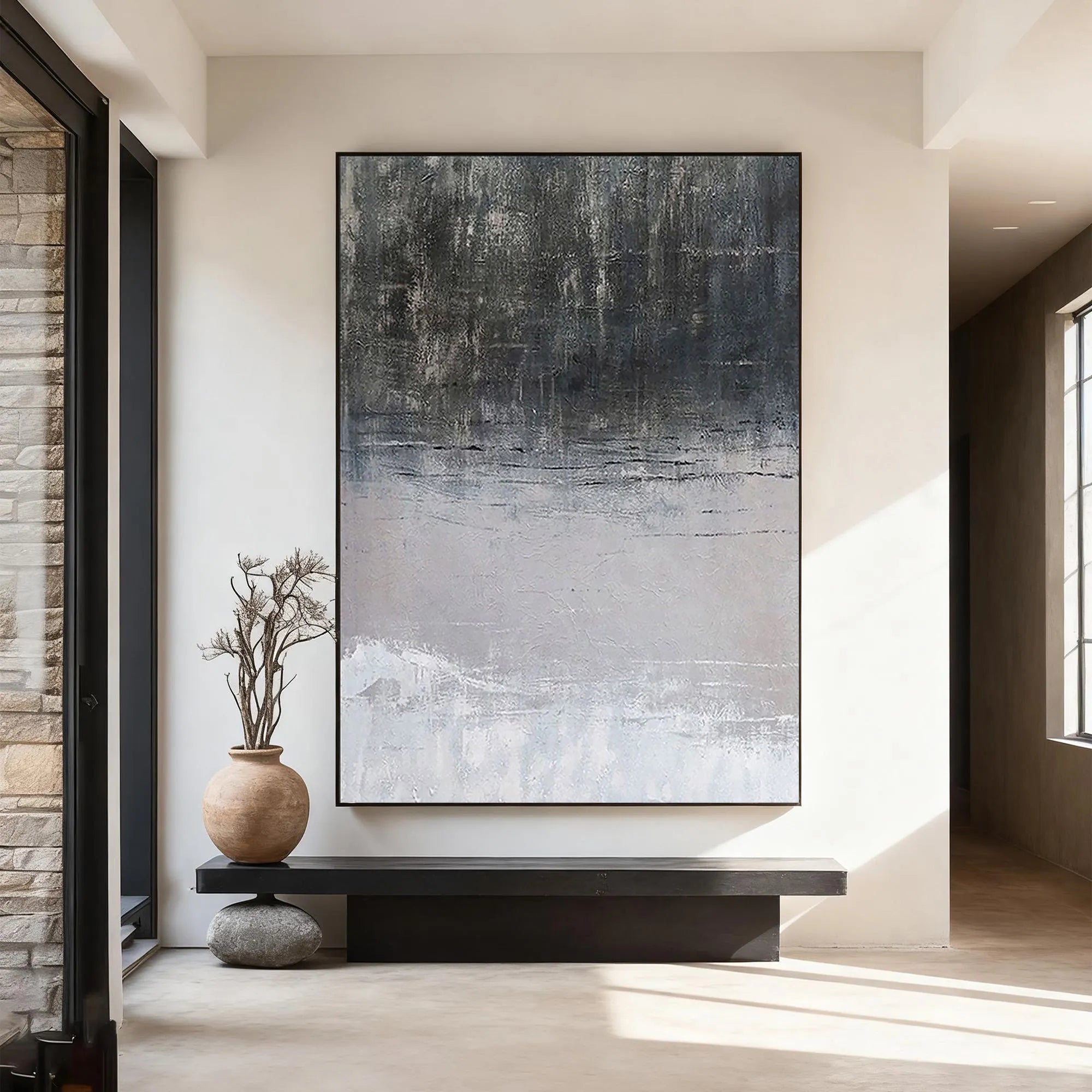 Grey Echo – Minimalist Textured Monochromatic Canvas Wabi-Sabi Painting | Japandi Wabi-Sabi Living Room & Bedroom Art