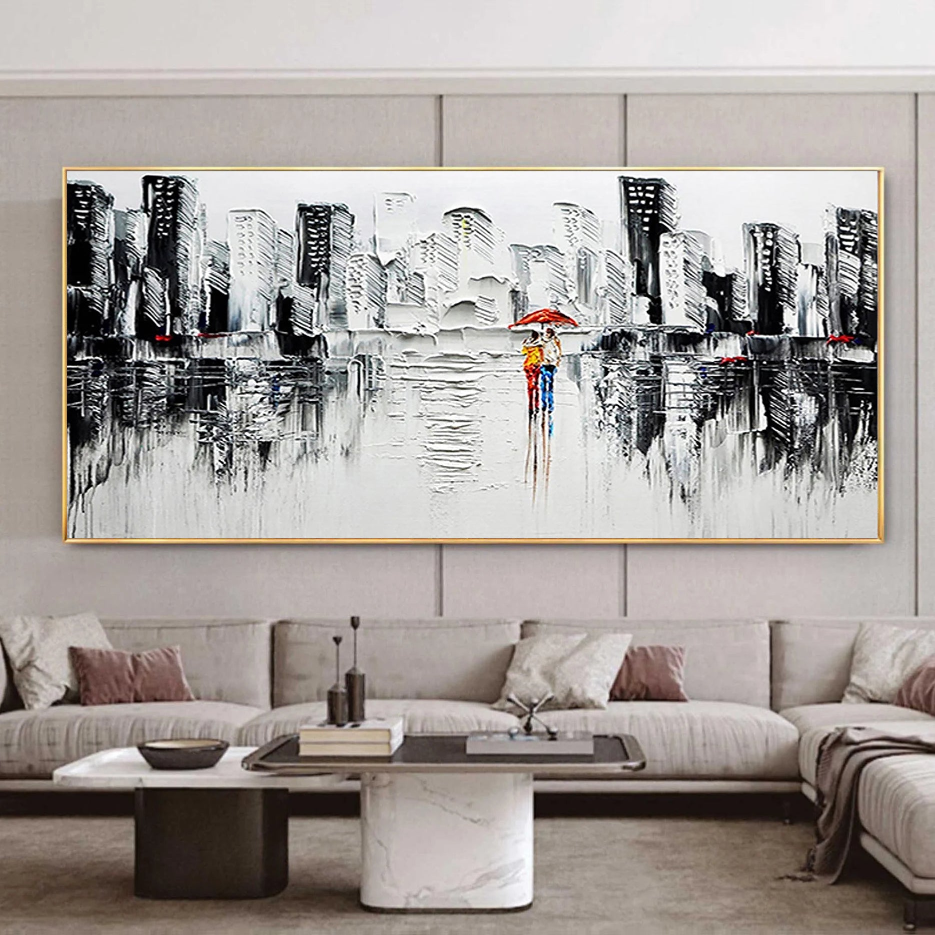 Rainy Romance – Hand-Painted Black and White Skyline Palette Knife Red Umbrella Textured Oil Cityscape Painting | Modern Noir Portrait Living Room & Hotel Art