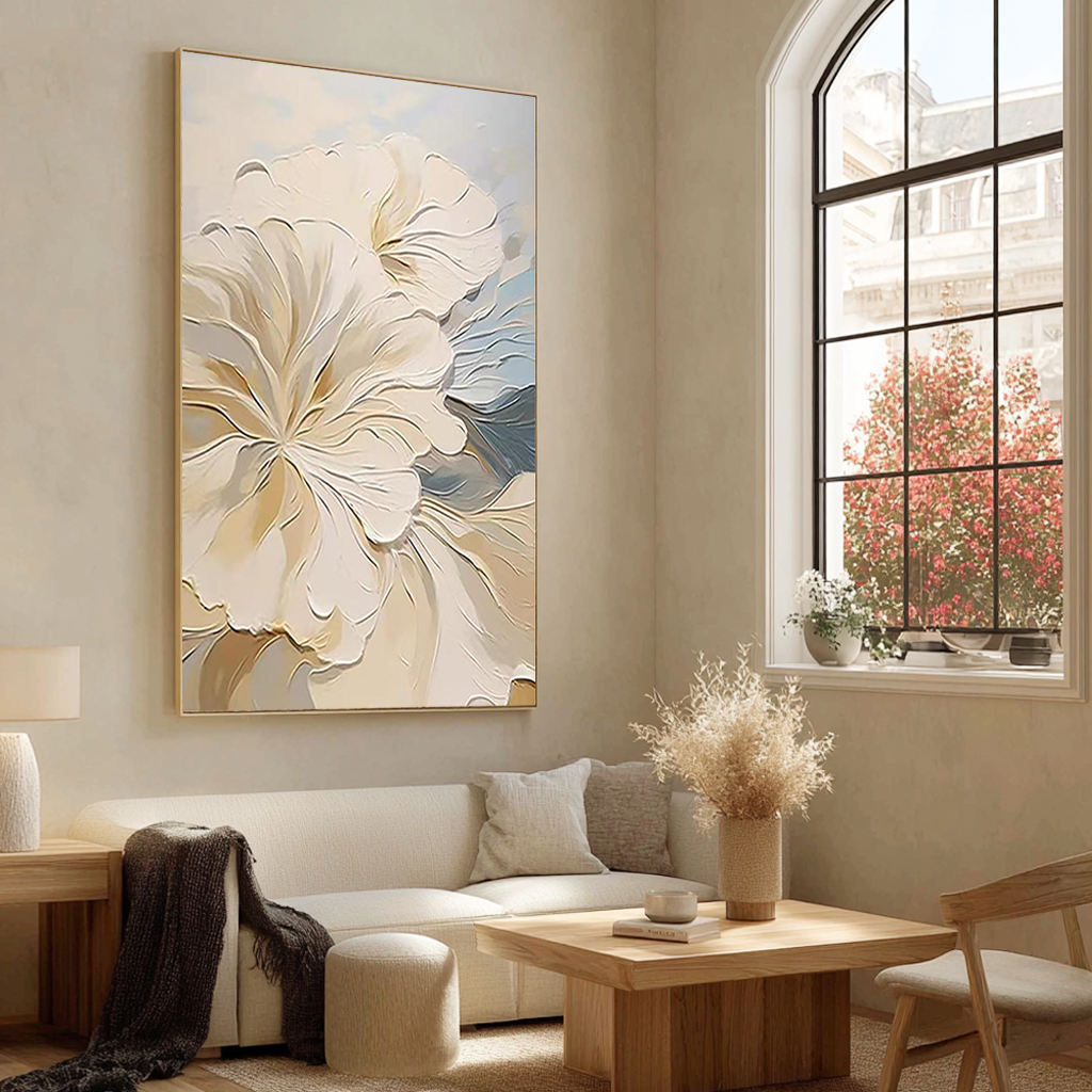 Serenade in Bloom – Modern French Cream Textured Painting | Romantic Blue & Beige Floral Bedroom Art