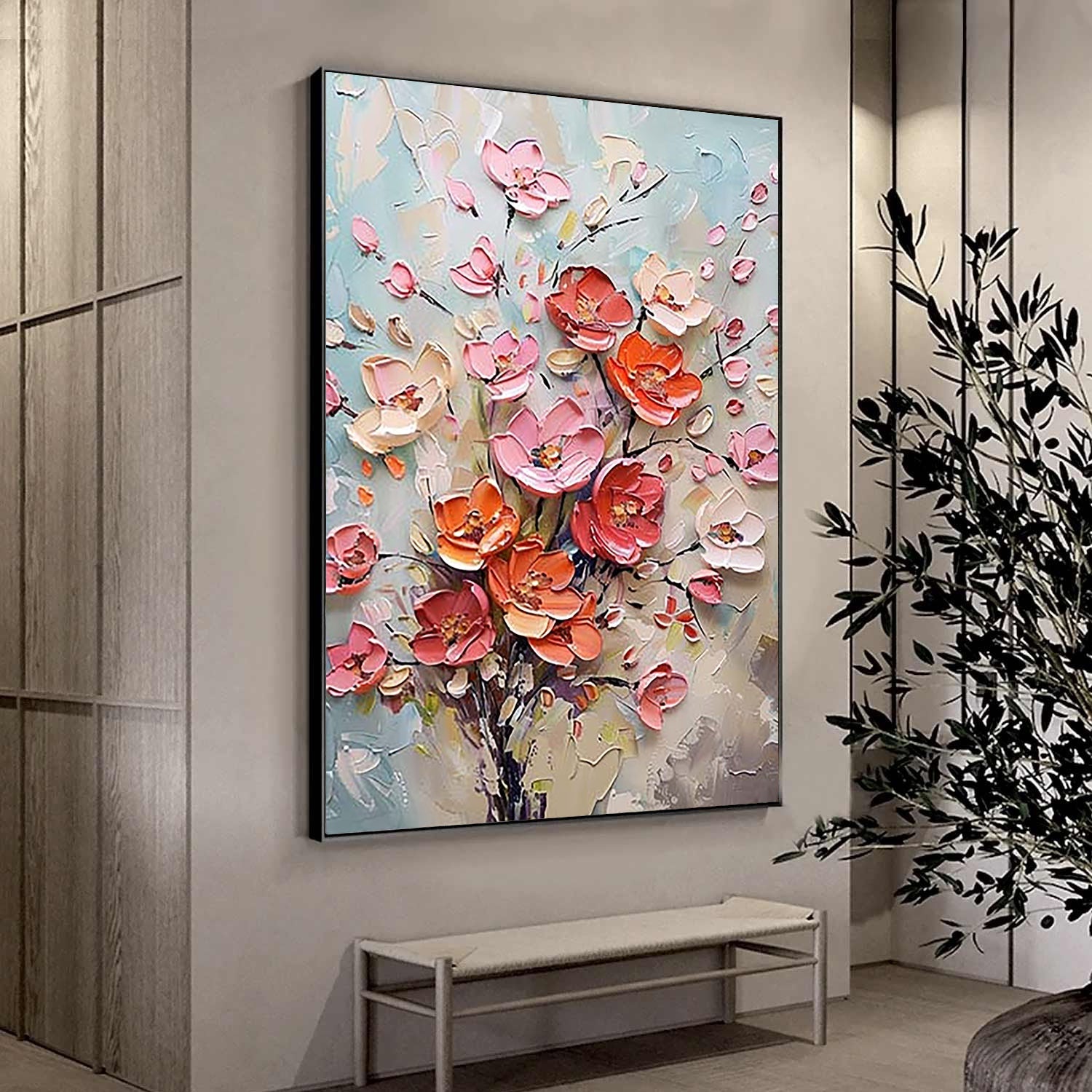 Coral Radiance – Hand-Painted Pink and Orange 3D Relief Plaster Effect Floral Painting | Heavy Texture Gallery Art