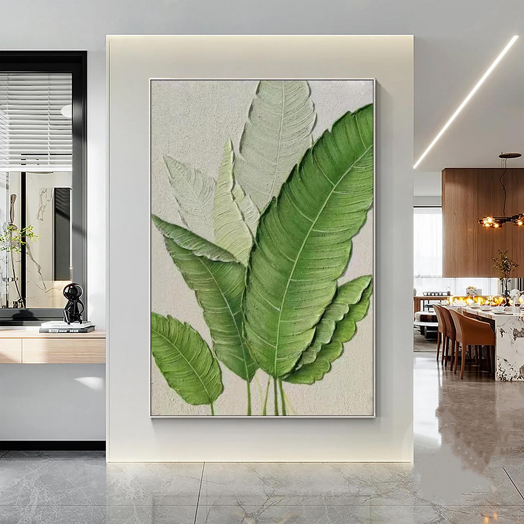 Verdant Leaf – Hand-Painted Fresh Green Banana Leaf Plaster Relief Floral Painting | Tropical Botanical Bedroom & Dining Room Art