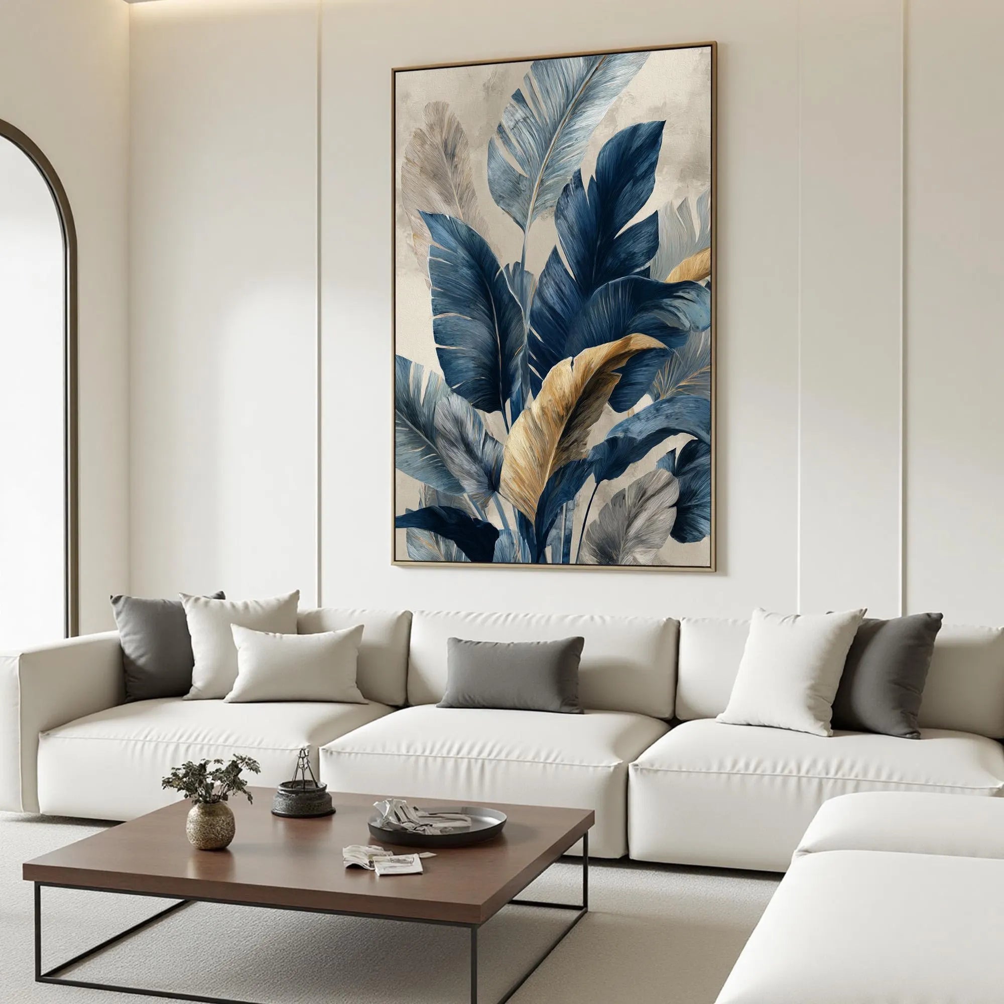 Midnight Jungle – Hand-Painted Navy Blue and Gold Foil Banana Leaf Floral Painting | Modern Luxury Botanical Bedroom & Living Room Art