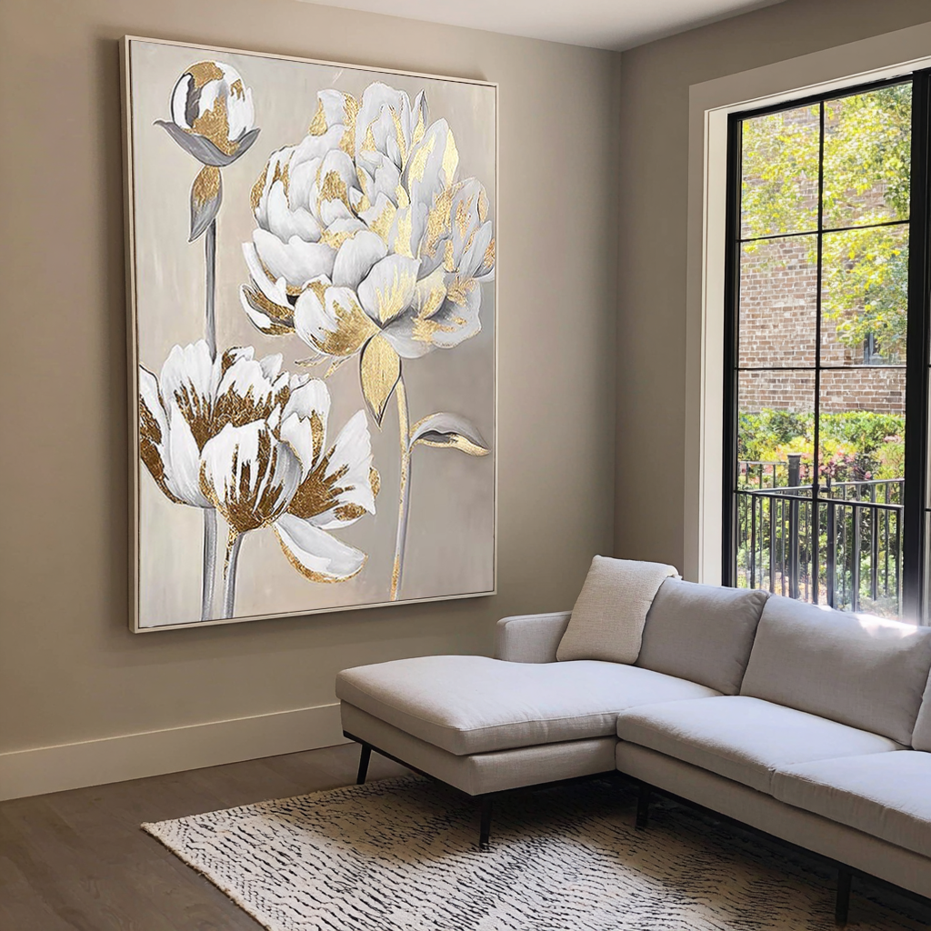 Golden Peony – Hand-Painted Off-White and Gold Foil 3D Relief Plaster Effect Floral Painting | Modern Luxury Botanical Bedroom & Living Room Art