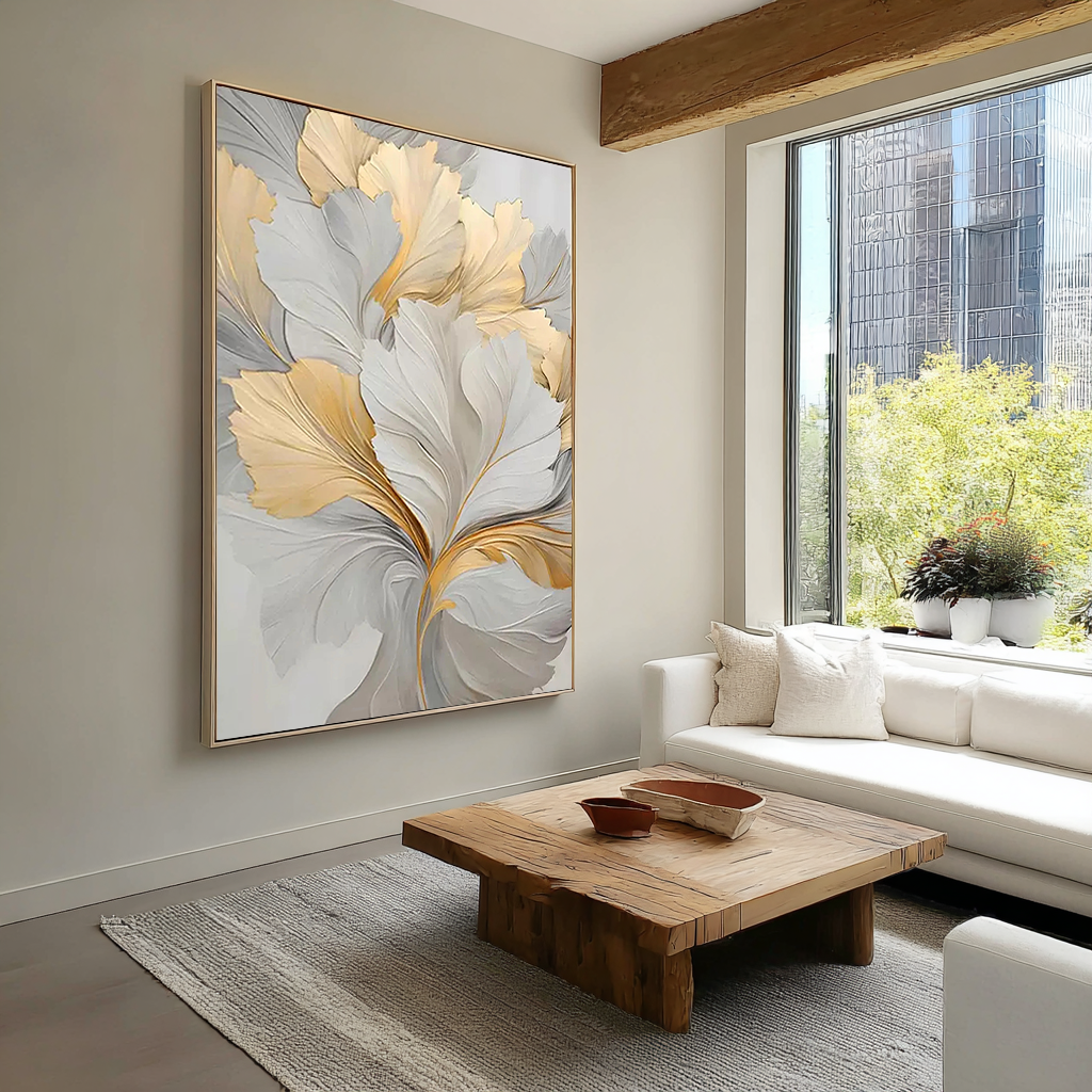 Meadow Bloom – Hand-Painted Minimalist Beige and Rainbow Wildflower Floral Painting | Vibrant Botanical Living Room & Dining Room Art