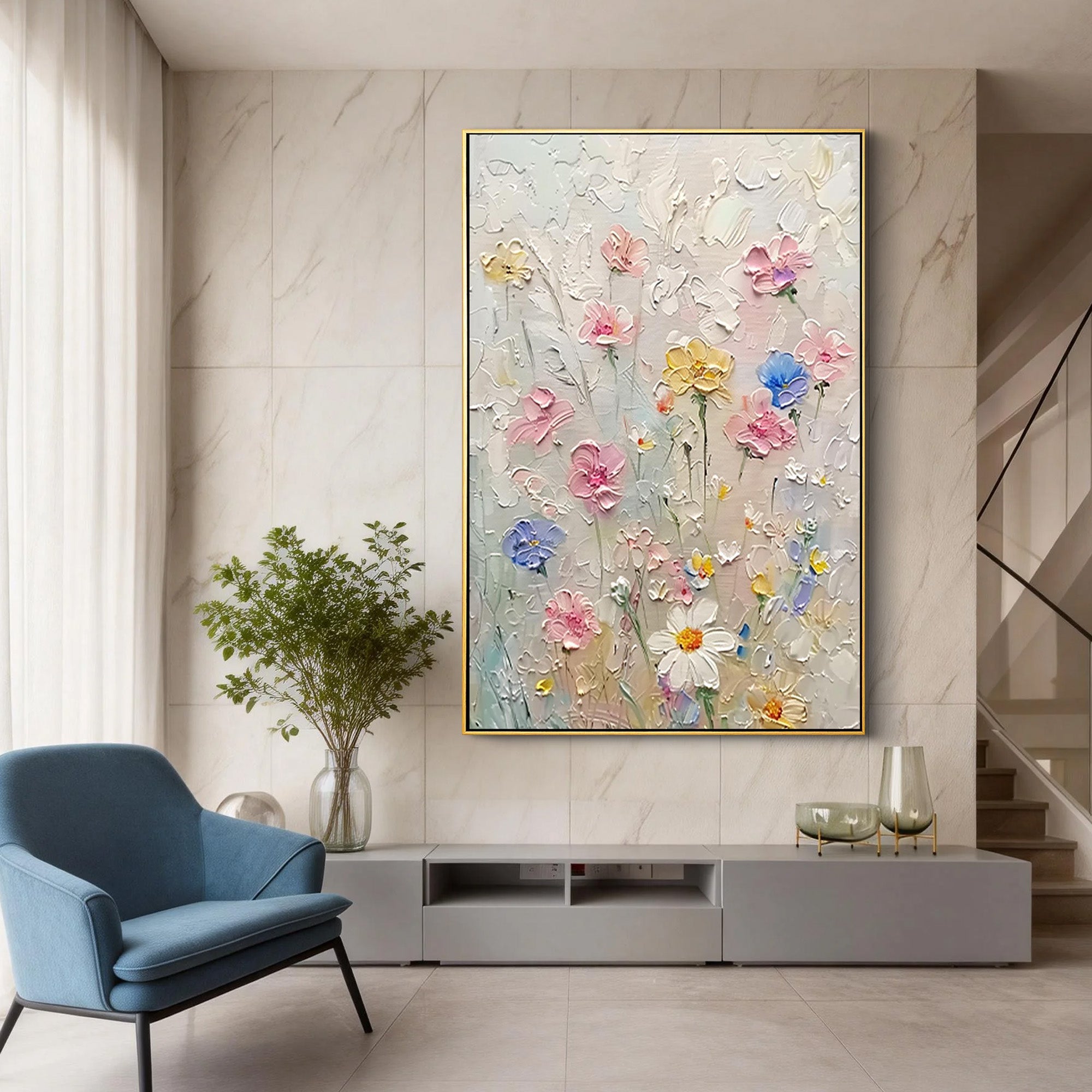 Wild Daisy – Hand-Painted Minimalist Beige and Pink 3D Floral Painting | Soft Organic Botanical Bedroom & Living Room Art