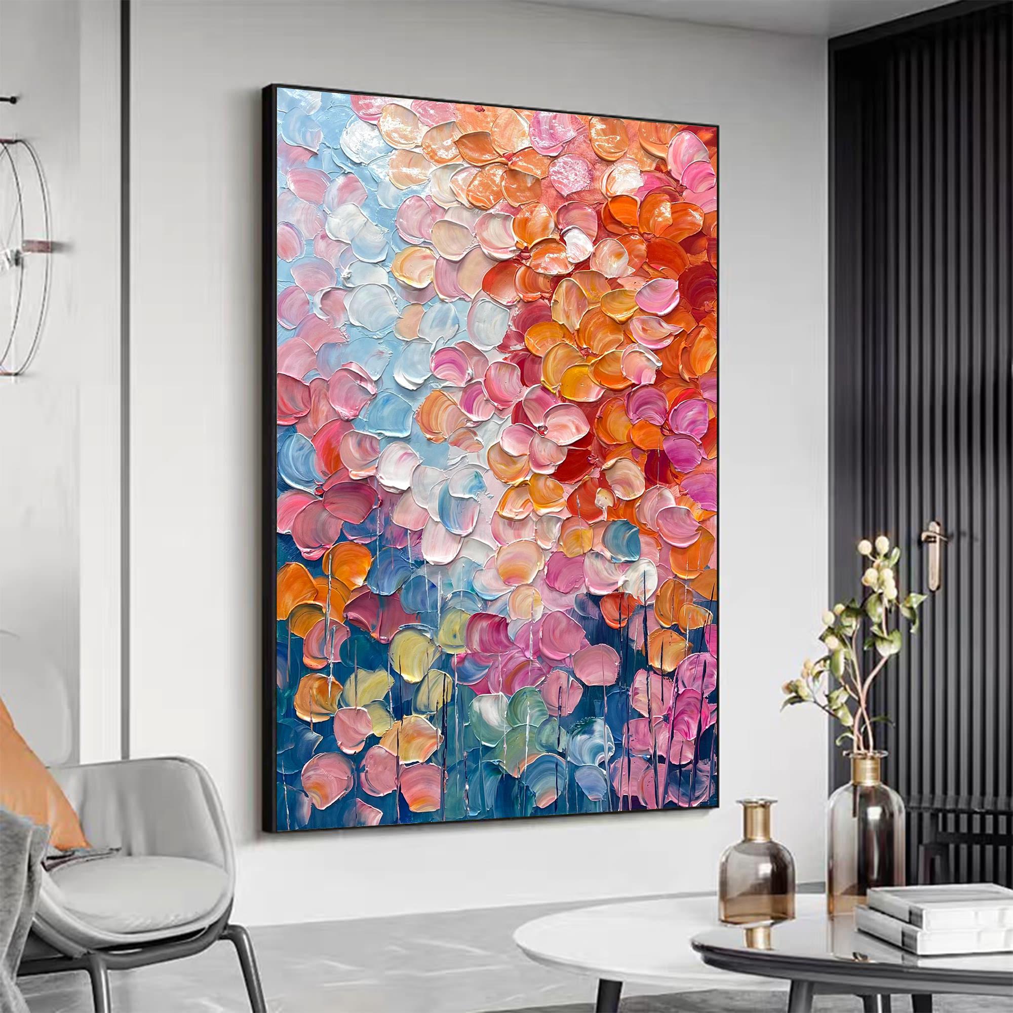 Vibrant Bloom – Hand-Painted Multicolored Rainbow Palette Knife Floral Painting | Vibrant Botanical Living Room & Dining Room Art