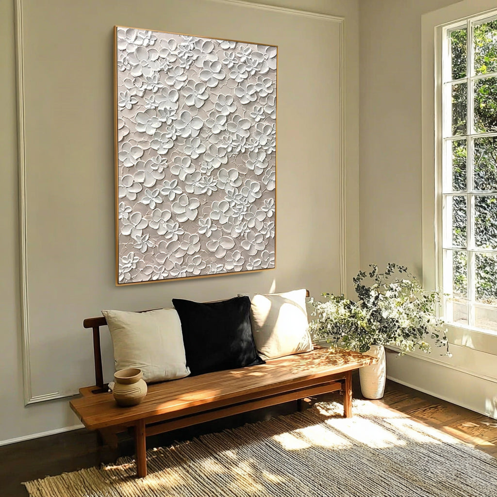 Pure Blossom – Hand-Painted All-Over White Flower Relief 3D Plaster Effect Floral Painting | Contemporary Botanical Bedroom & Living Room Art