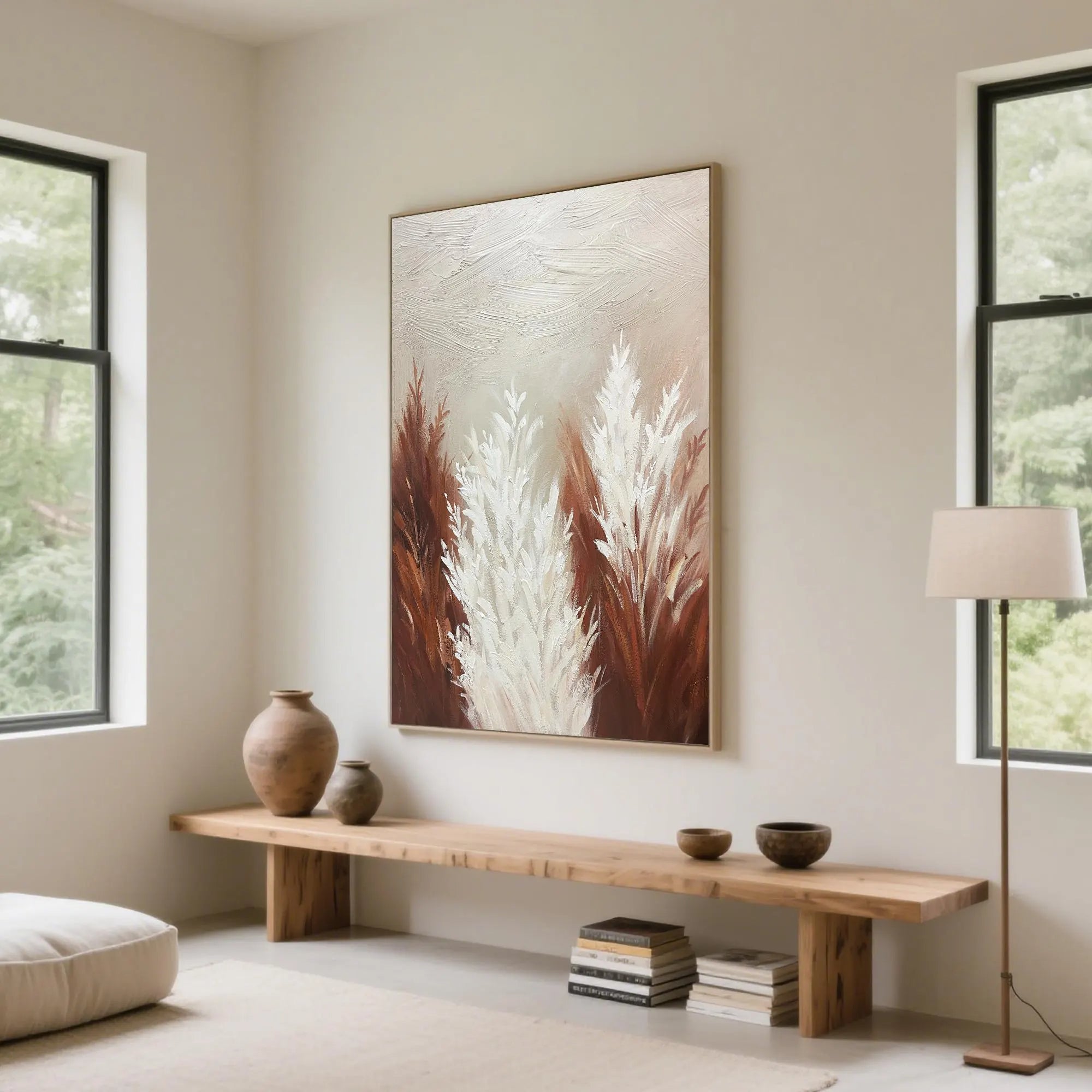 Pampas Whisper – Hand-Painted Minimalist Pampas Grass 3D Plaster Effect Floral Painting | Contemporary Botanical Bedroom & Living Room Art