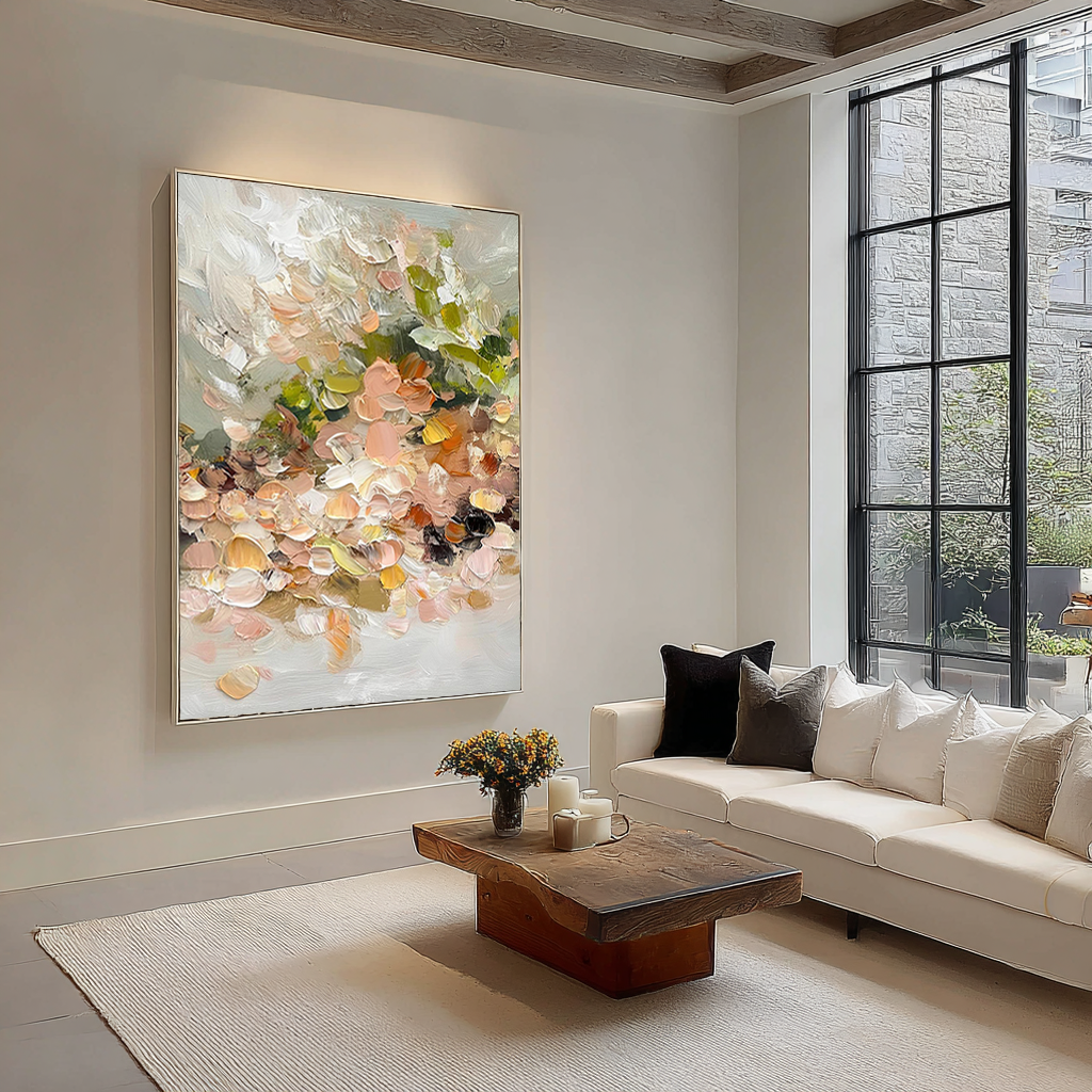 Creamy Meadow – Hand-Painted Minimalist Beige and Apricot 3D Floral Painting | Soft Organic Botanical Bedroom & Living Room Art