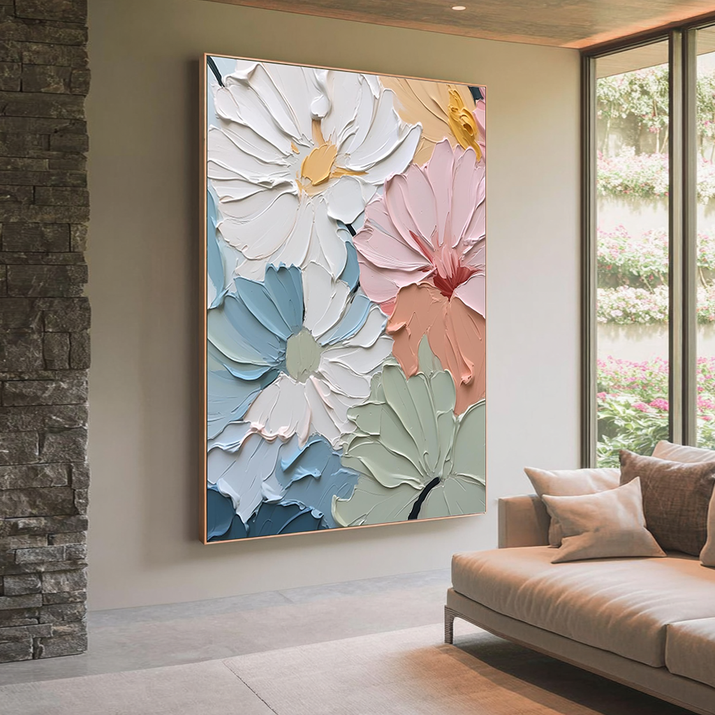 Pastel Blooms – Hand-Painted 3D Impasto Multicolored Flower Thick Floral Painting | Vibrant Botanical Living Room & Dining Room Art