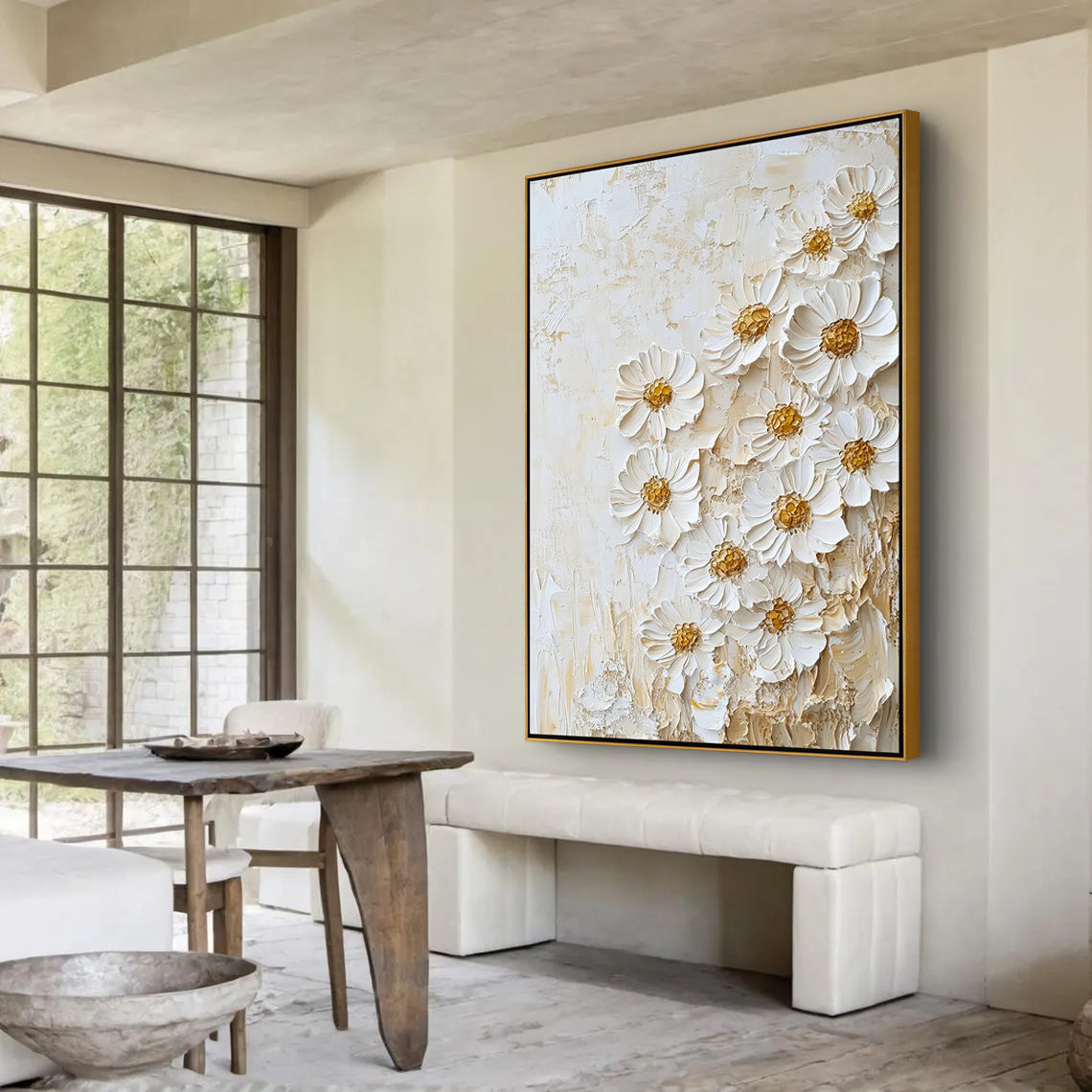 Pure Elegance – Creamy White Plaster Effect Impasto Daisy Art Floral Painting | Soft Organic Botanical Bedroom & Living Room Art