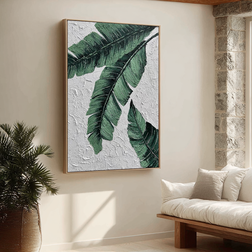 Emerald Frond – Modern Banana Leaf Texture Painting | Tropical Botanical Bedroom & Dining Room Art