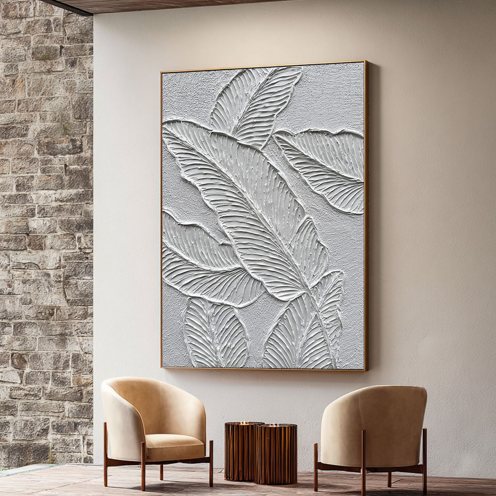 Silver Frond – Modern Botanical Leaf Relief Texture Painting | Contemporary Botanical Bedroom & Living Room Art