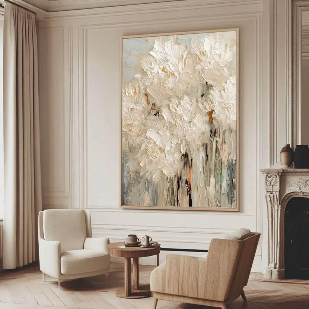 Vanilla Surge – Modern Palette Knife Floral Relief Floral Painting | Contemporary Botanical Bedroom & Living Room Art