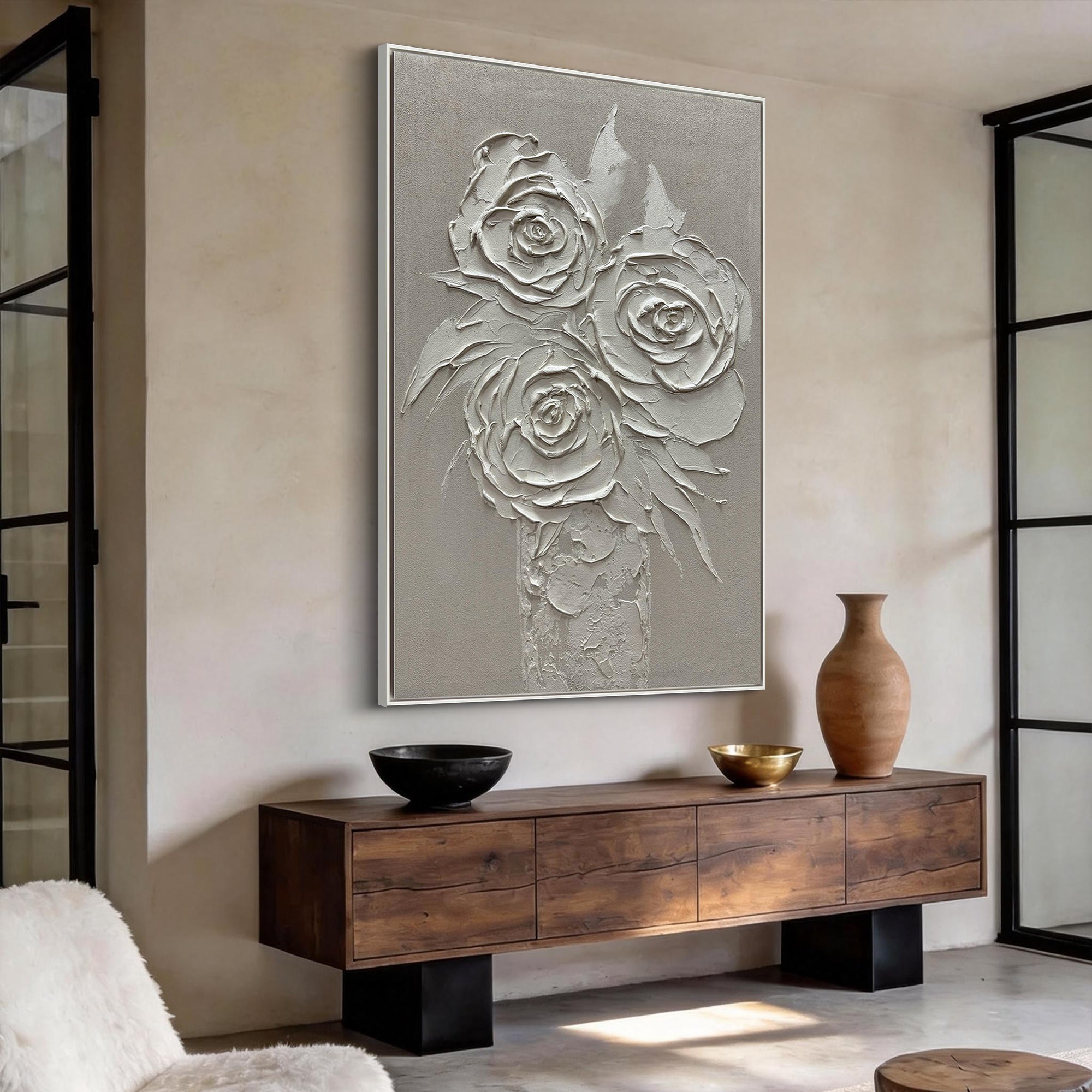 Ethereal Vase – Modern Floral Still Life Relief Texture Painting | Contemporary Botanical Bedroom & Living Room Art