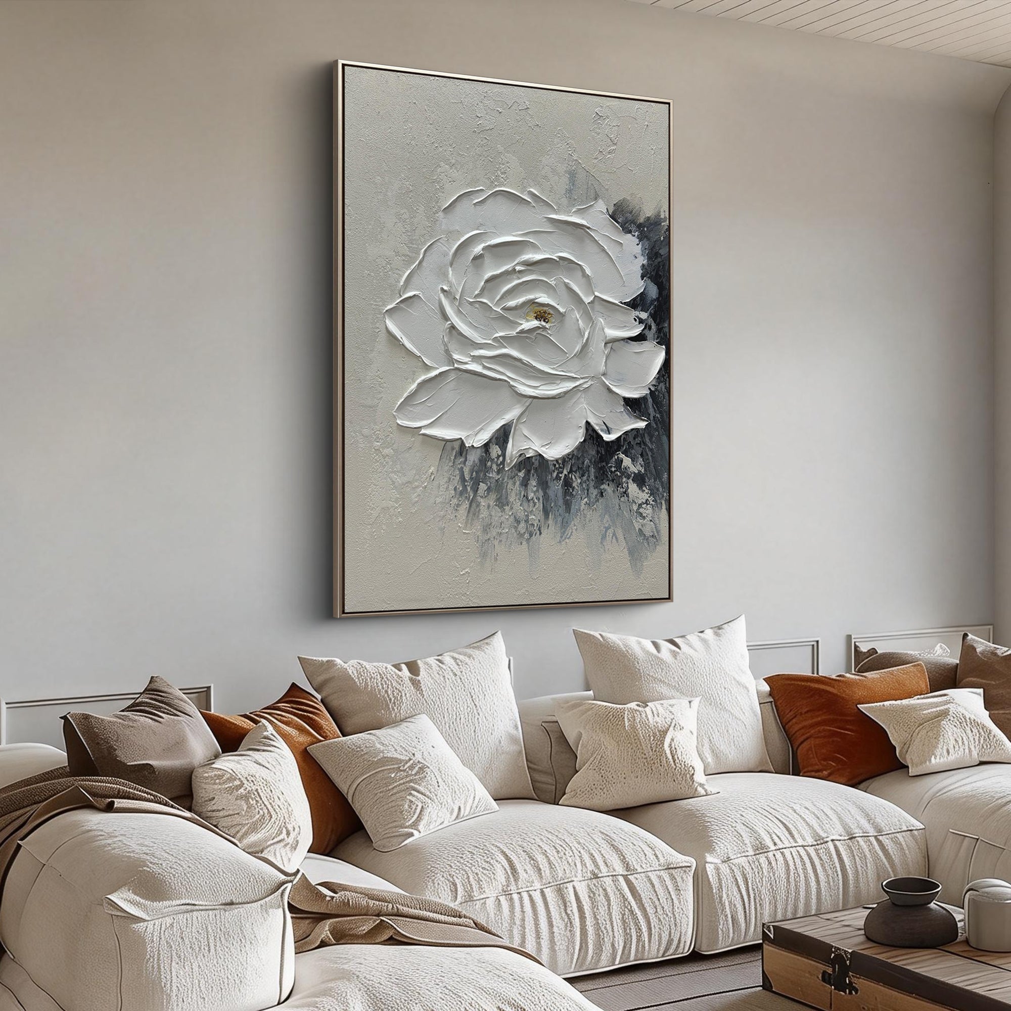 Vanilla Sculpt – Modern Plaster Relief Floral Texture Painting | Contemporary Botanical Bedroom & Living Room Art