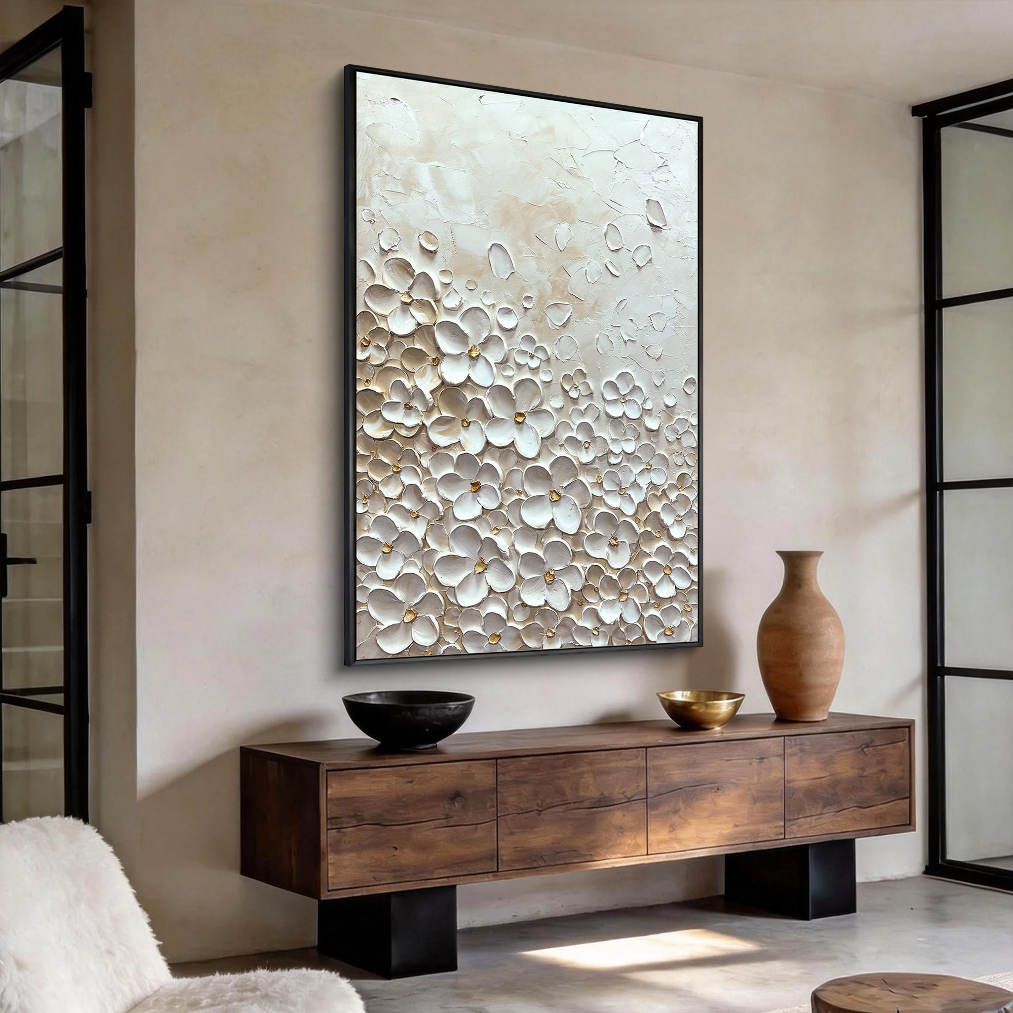 Vanilla Bloom – Cream & Gold Relief Petal Floral Painting | Modern Luxury Botanical Bedroom & Living Room Art