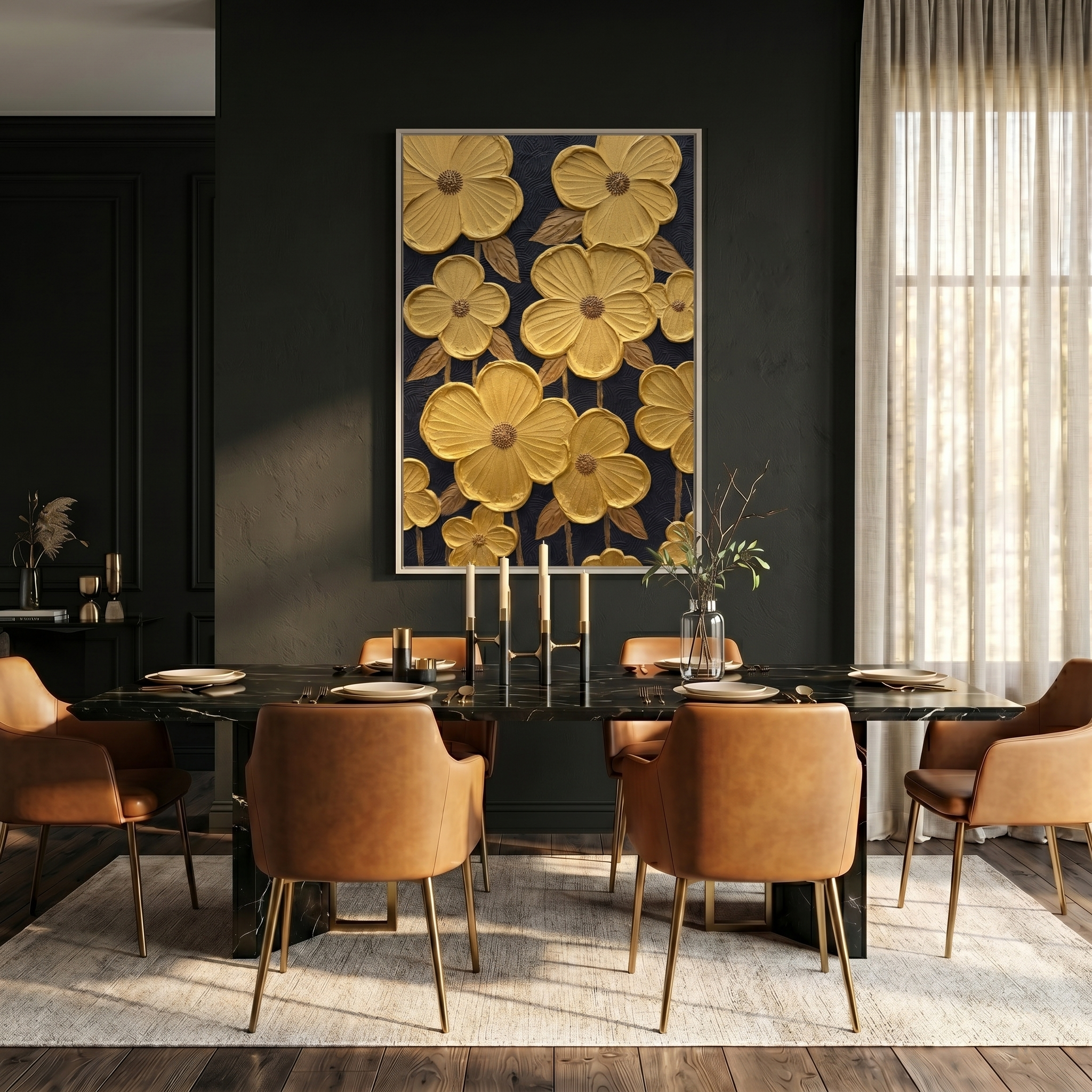 Gilded Age – Modern Luxury 3D Sculpted Gold Flowers | Black & Gold Contrast Entryway Wall Art