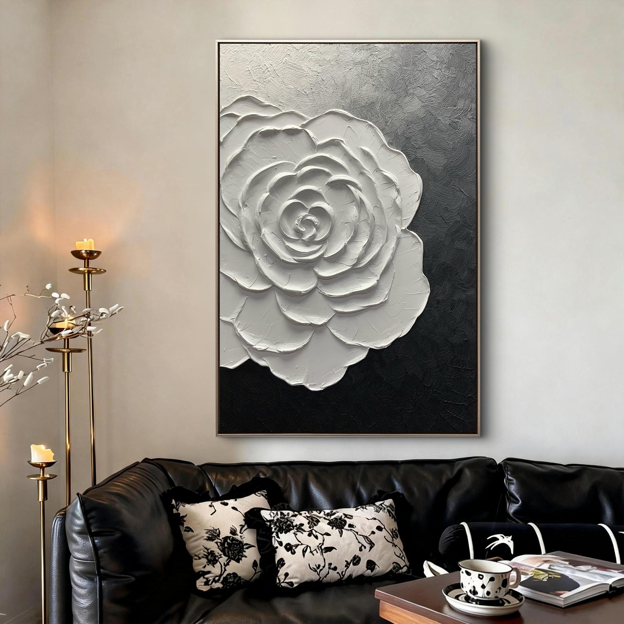 Dawn Blossom – Modern Minimalist Black-and-White Textured Painting |  White Rose Living Room Art