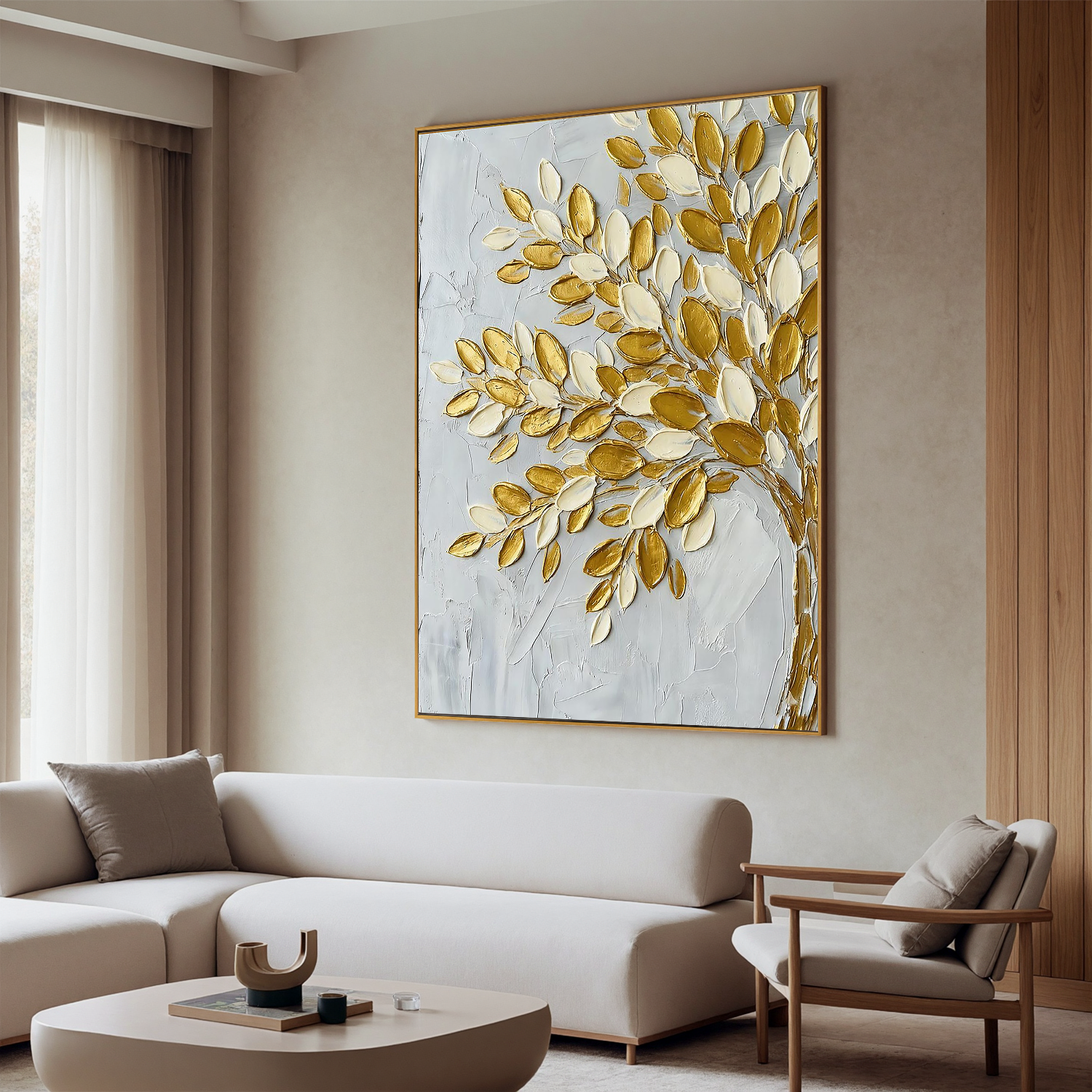 Gilded Prosperity – Modern Metallic Botanical Painting | Impasto Gold Leaf Tree Canvas Living Room Art