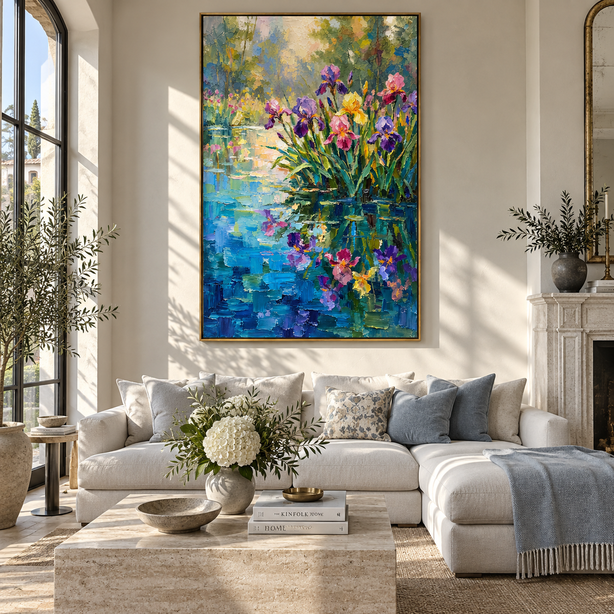 Iris Light on Water – blue water and iris wall art in a modern interior
