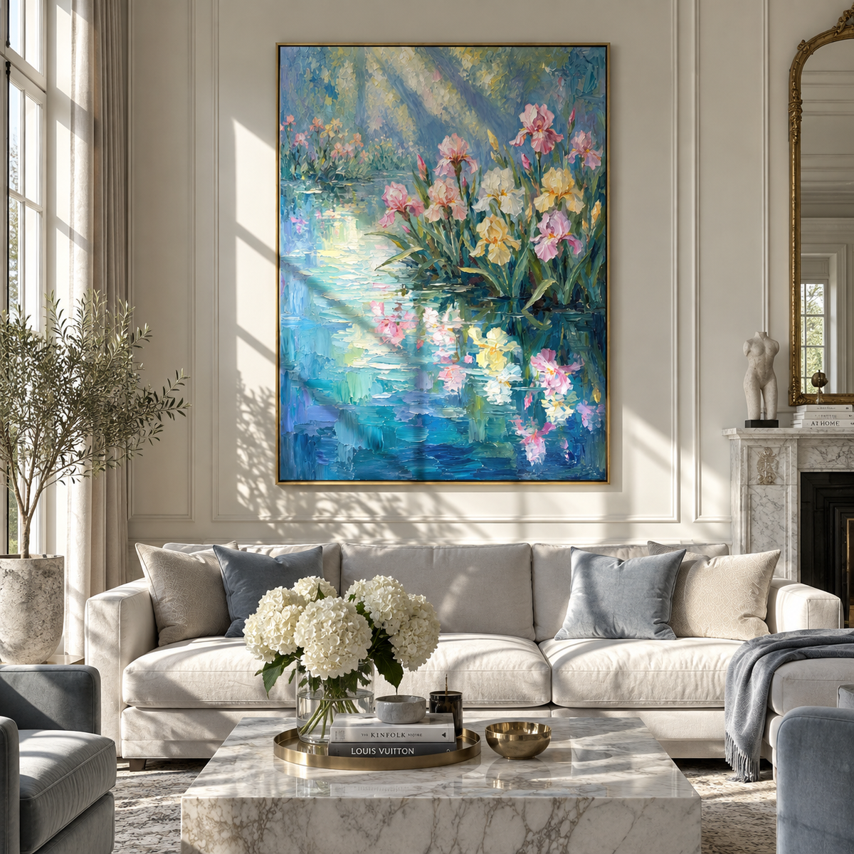 Morning Irises in Blue – colorful iris pond painting displayed in a bright interior