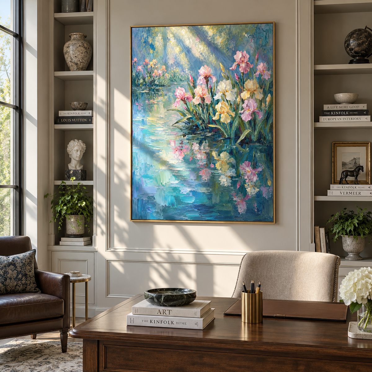 Morning Irises in Blue – textured floral garden artwork shown in a living room