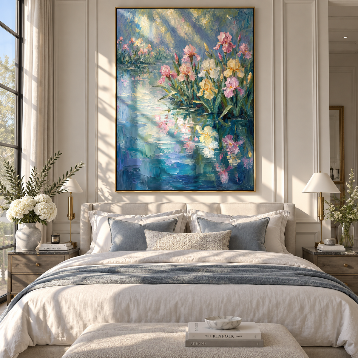 Morning Irises in Blue – vertical botanical painting styled in a restful bedroom