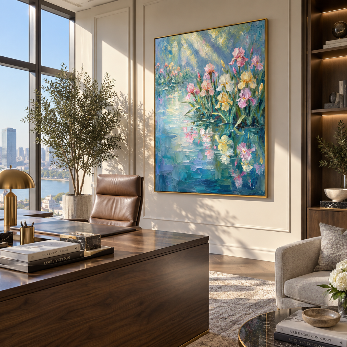 Morning Irises in Blue – textured flower pond painting in an alternate room setting