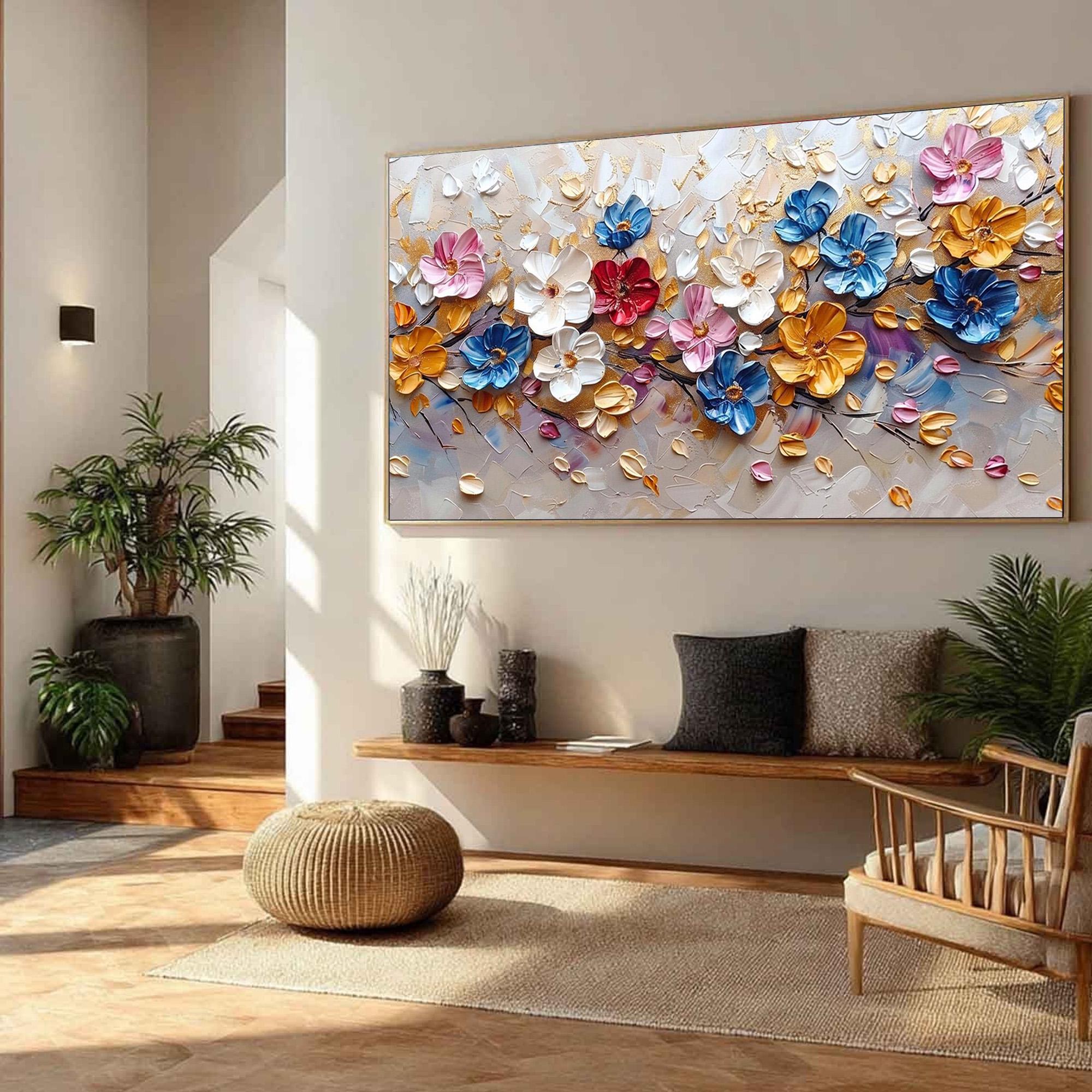 Prismatic Bloom – Hand-Painted Vibrant Multicolored 3D Impasto Palette Knife Floral Painting | Vibrant Botanical Living Room & Dining Room Art