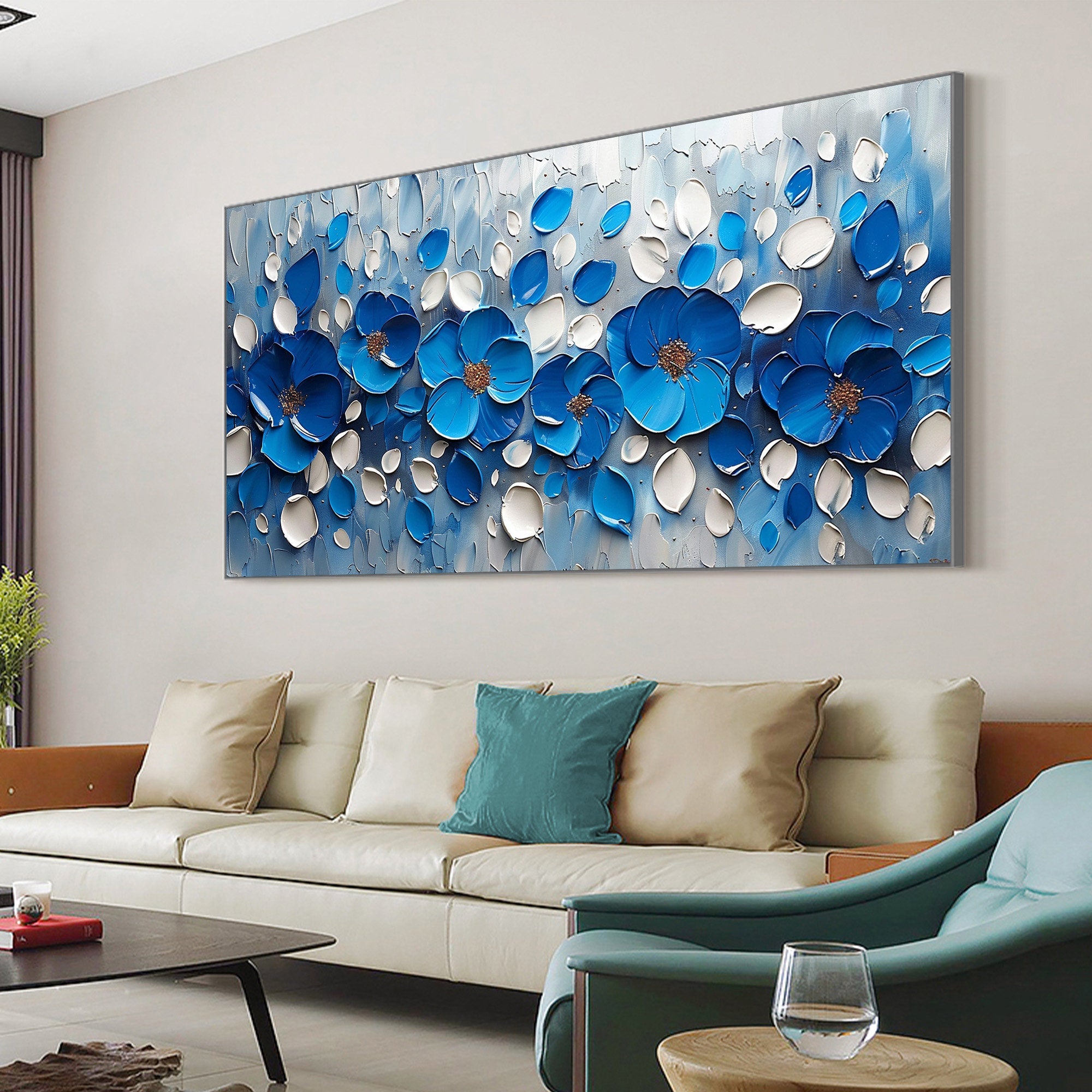 Royal Petals – Hand-Painted Royal Blue and White 3D Textured Palette Knife Floral Painting | Contemporary Botanical Bedroom & Living Room Art