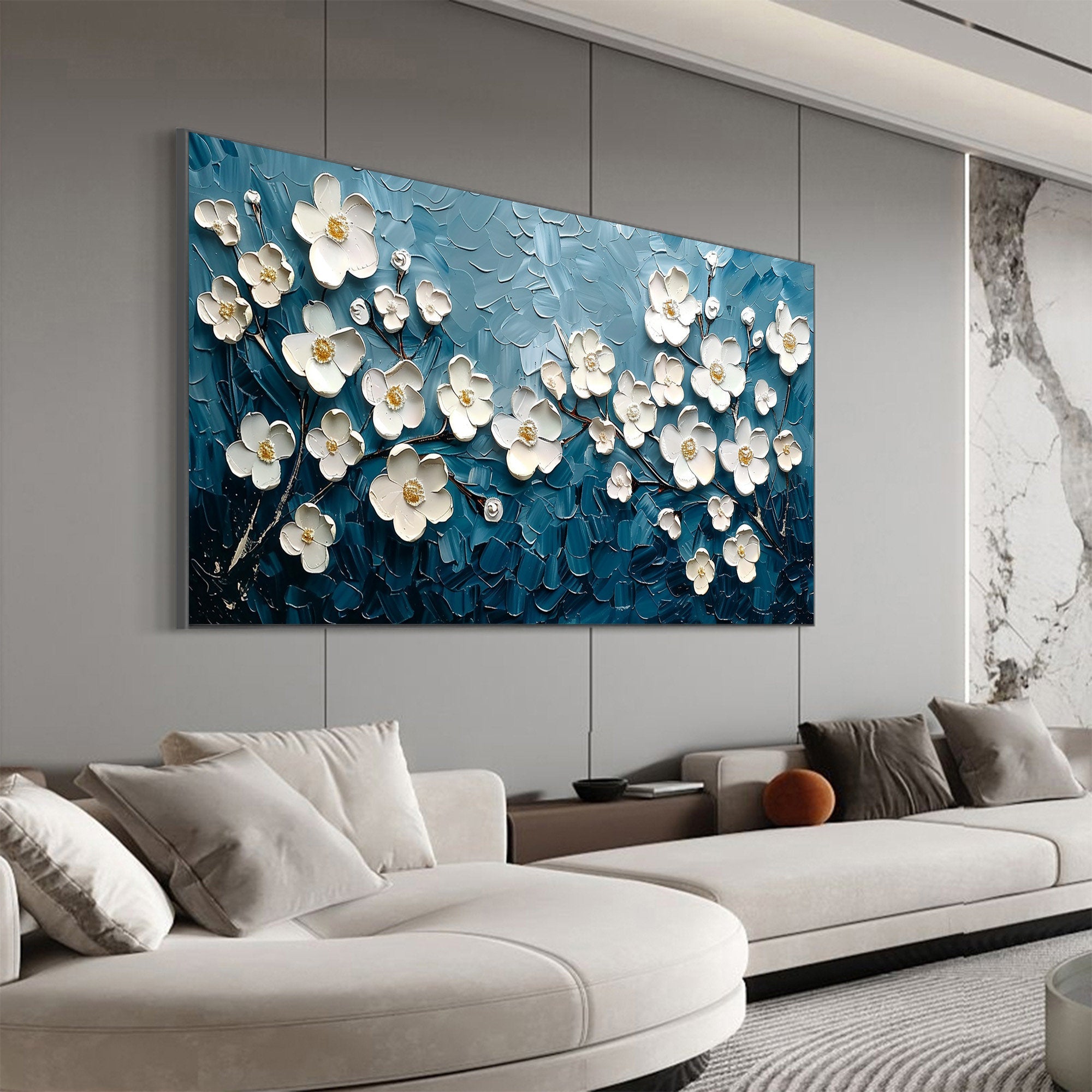 Midnight Blossom – Hand-Painted Prussian Blue and White 3D Relief Plaster Effect Floral Painting | Contemporary Botanical Bedroom & Living Room Art