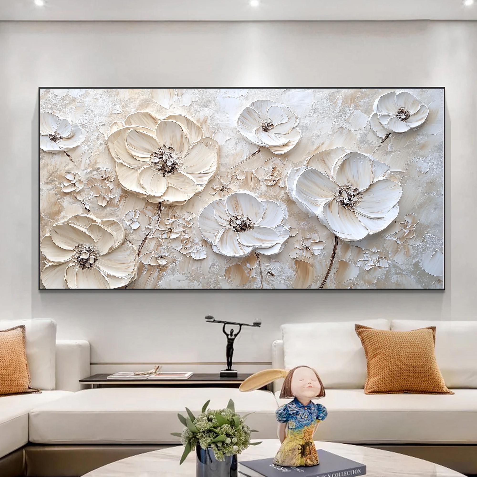 Ivory Bloom – Hand-Painted Creamy Beige Floral Plaster Relief Floral Painting | Soft Organic Botanical Bedroom & Living Room Art
