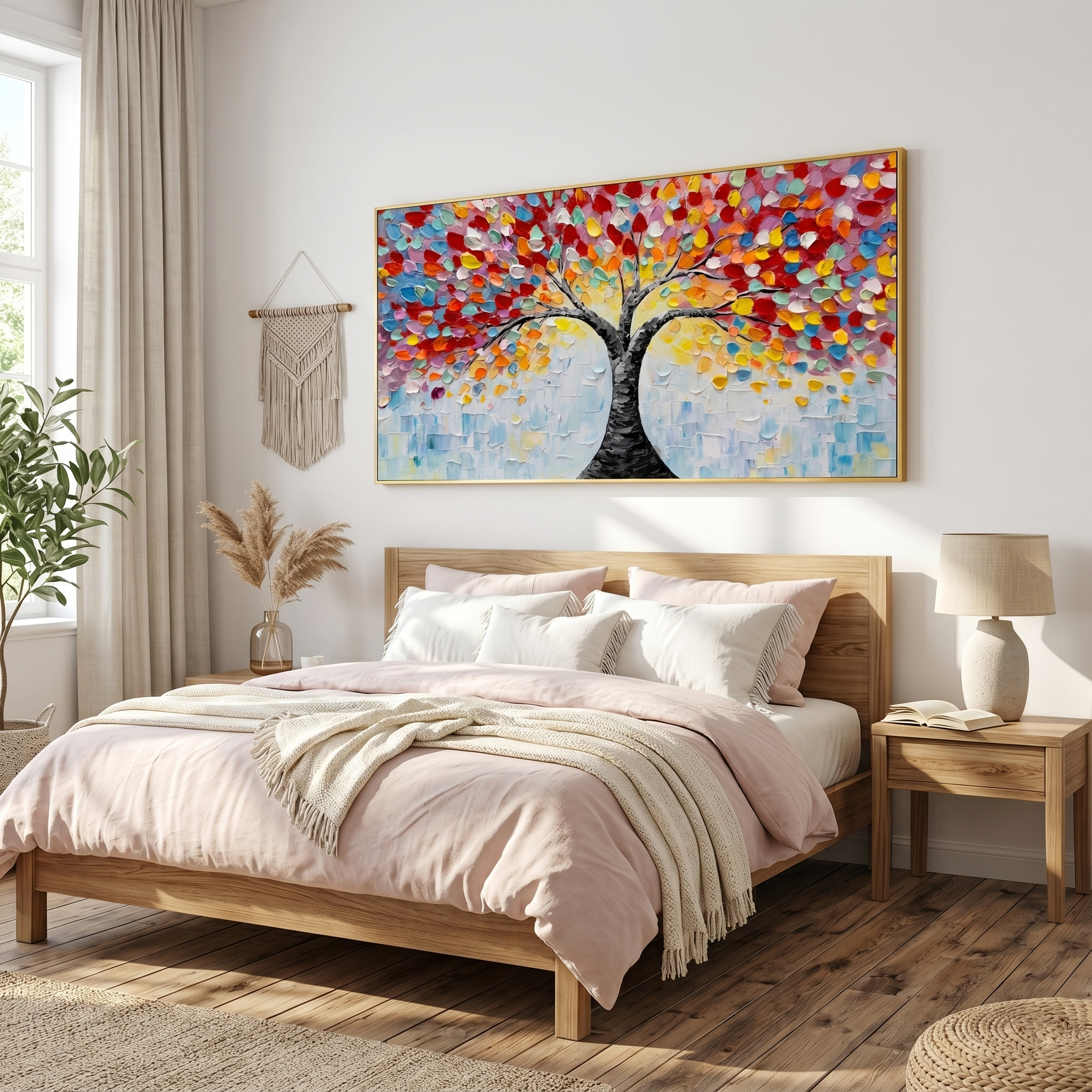 Rainbow Canopy – Modern Impasto Tree of Life Oil Painting | Vibrant Textured Panorama Living Room Art