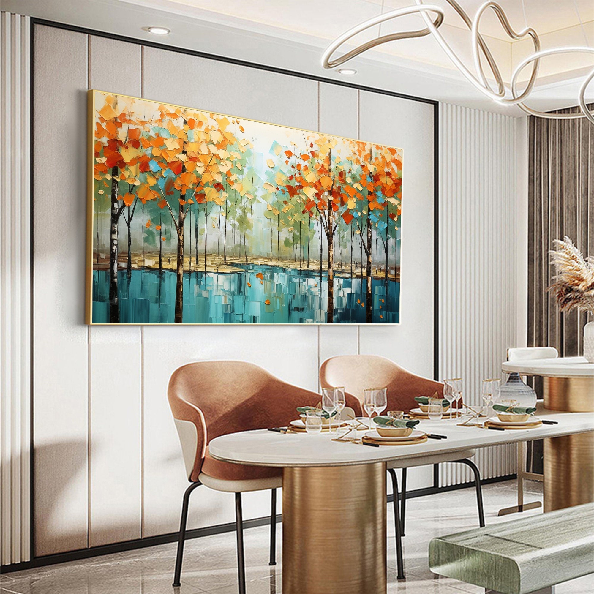 Autumn Reflection – Hand-Painted Orange and Teal Birch Forest Floral Painting | Contemporary Botanical Bedroom & Living Room Art