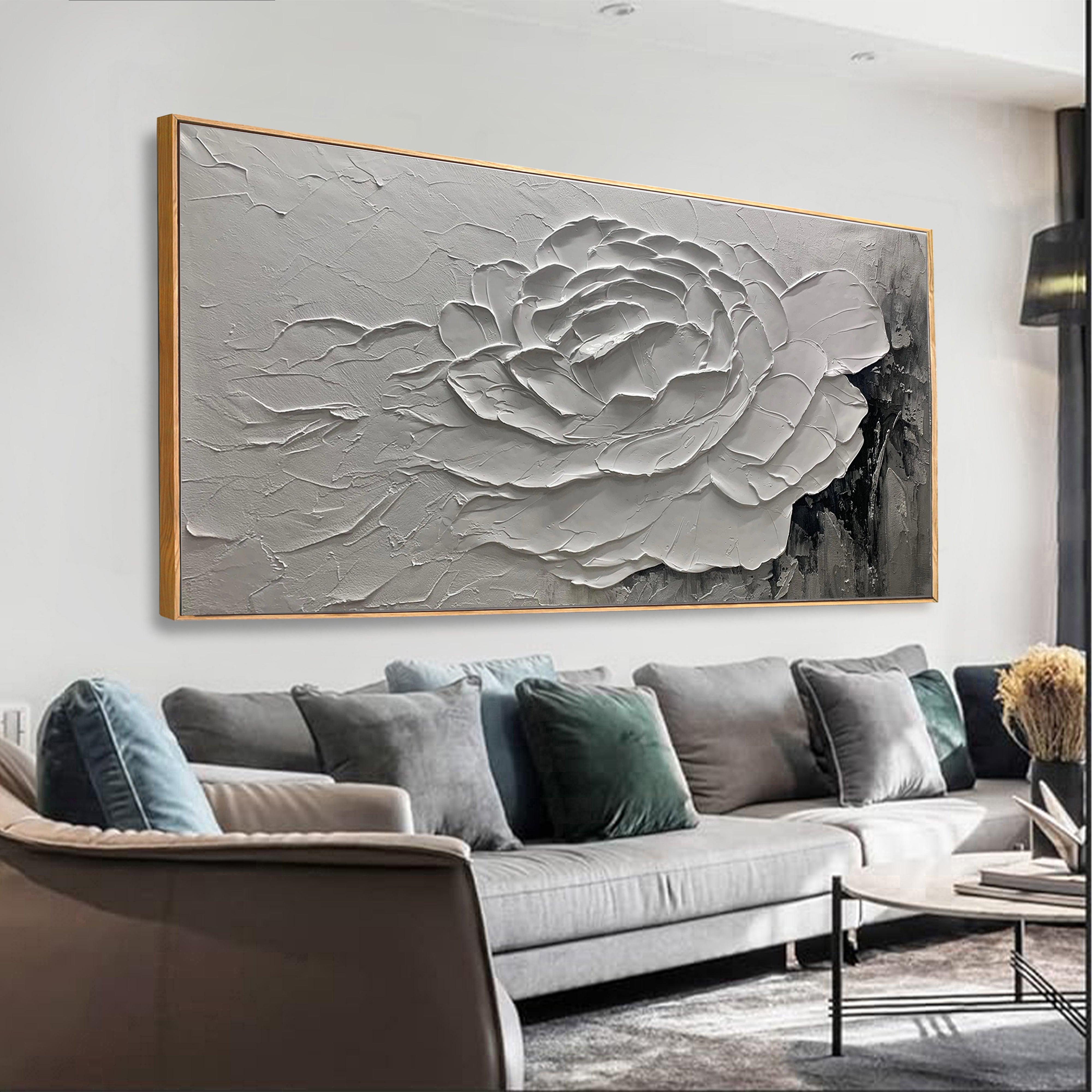 Sculpted Bloom – Hand-Painted Grey and White 3D Relief Plaster Effect Floral Painting | Contemporary Botanical Bedroom & Living Room Art