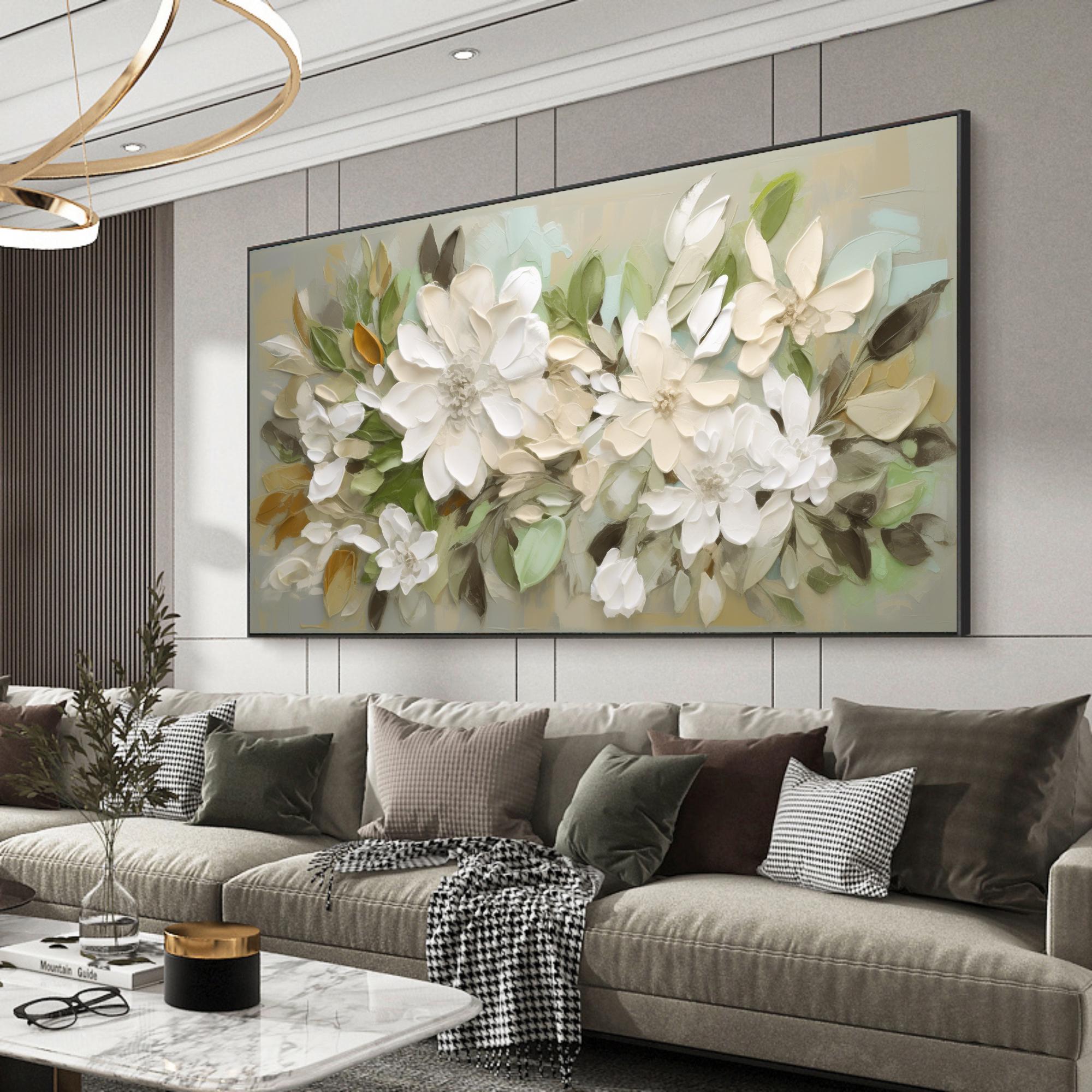 Magnolia Mist – Hand-Painted Sage Green and Off-White 3D Impasto Plaster Relief Floral Painting | Tropical Botanical Bedroom & Dining Room Art
