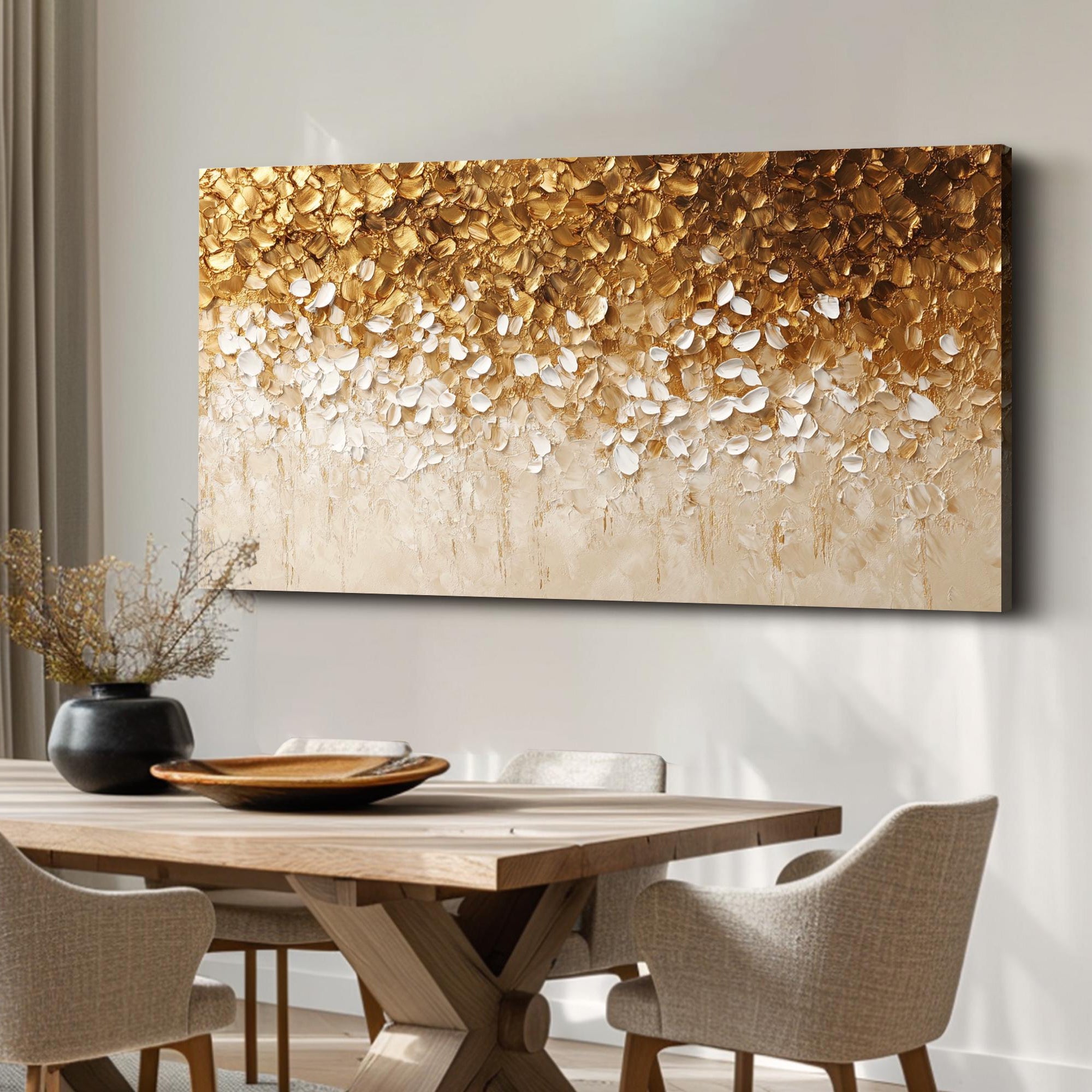 Golden Cascade – Hand-Painted Gold Foil and White 3D Textured Glitter Plaster Floral Painting | Modern Luxury Botanical Bedroom & Living Room Art