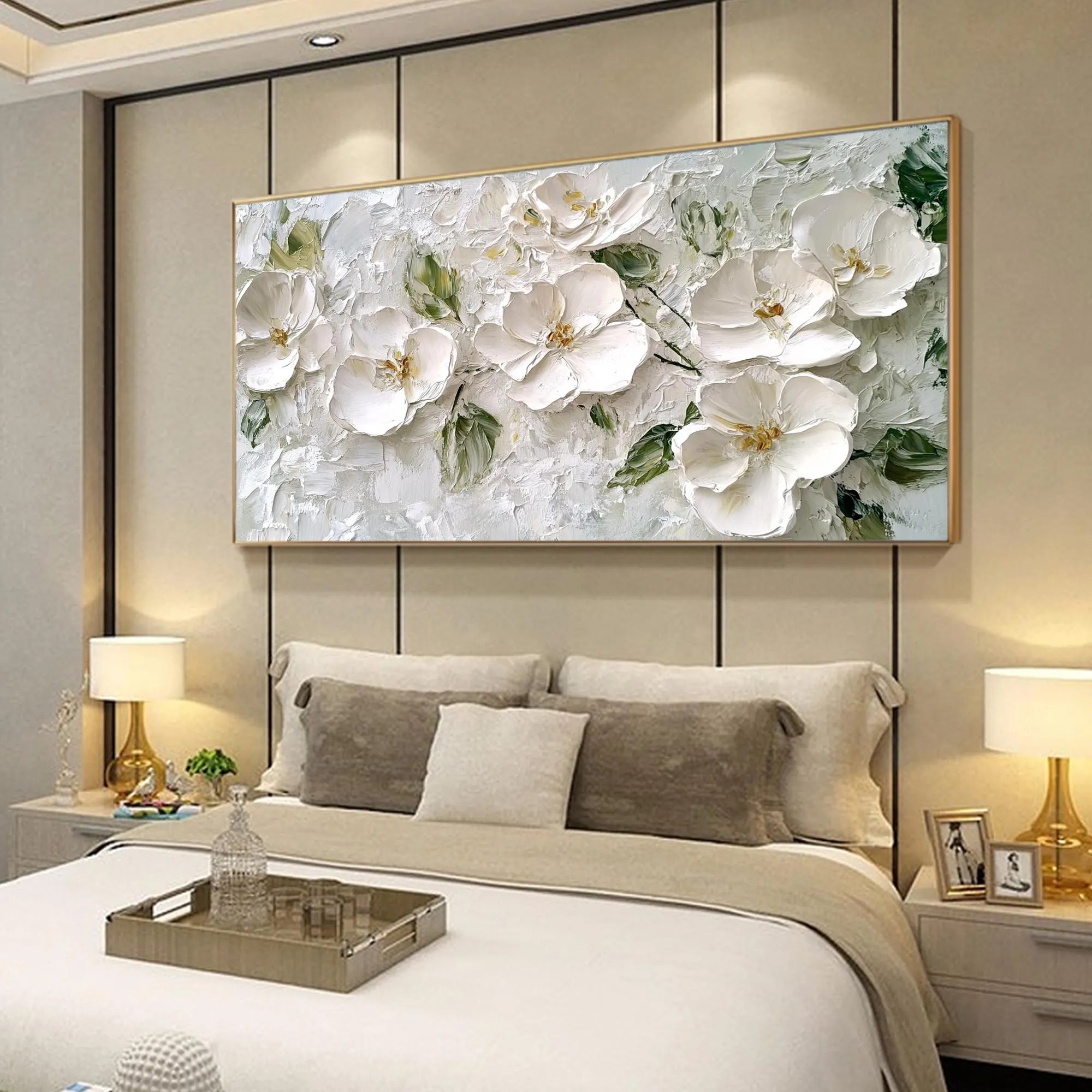 Silver Bloom – Hand-Painted Grey and White 3D Relief Plaster Effect Floral Painting | Contemporary Botanical Bedroom & Living Room Art