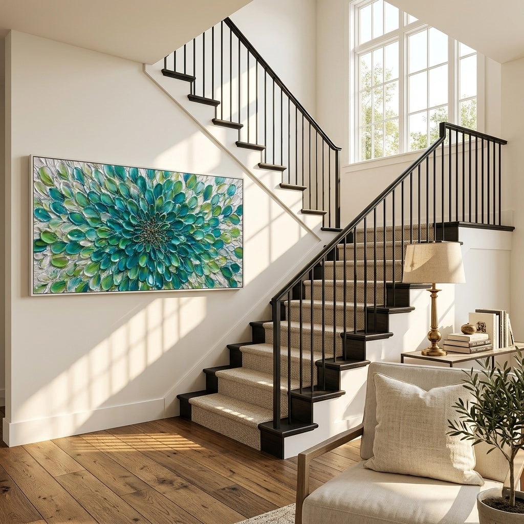 Emerald Rhythm – Modern Impasto Abstract Oil Painting | Textured Floral Panorama Living Room Art